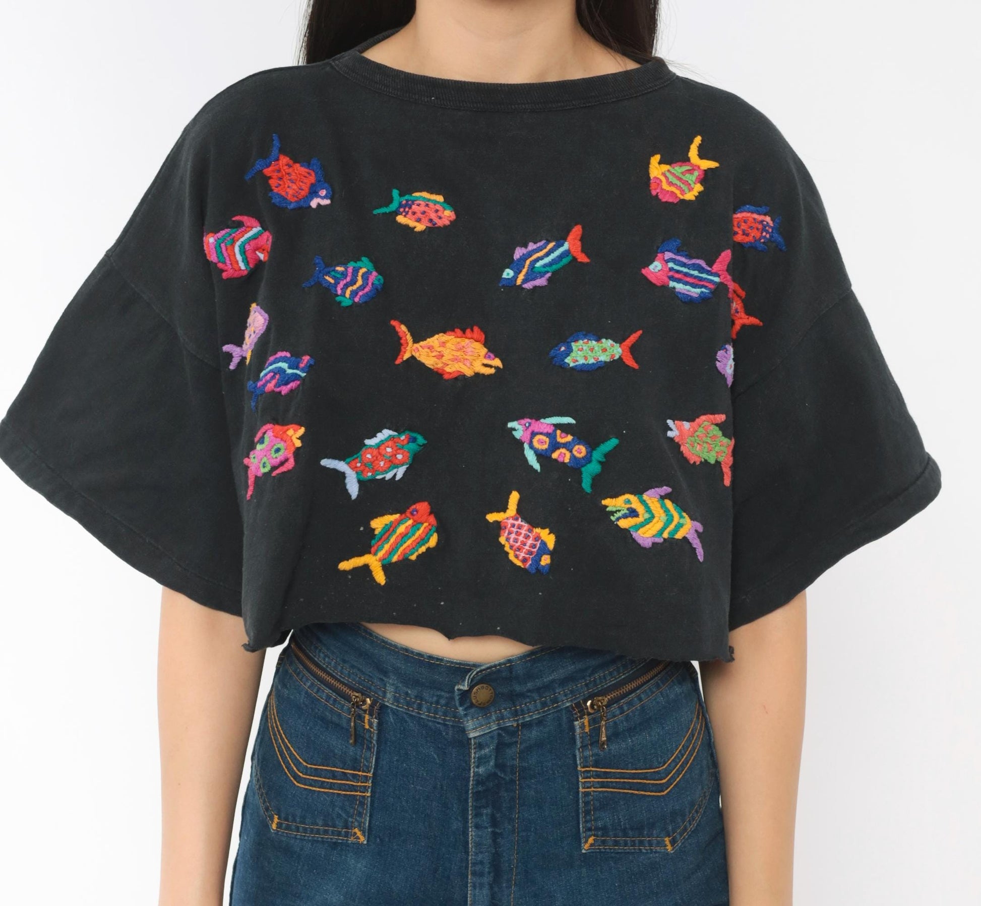 90s Las Manos Embroidered Fish Crop Top Black Cotton Rainbow Tropical Medium