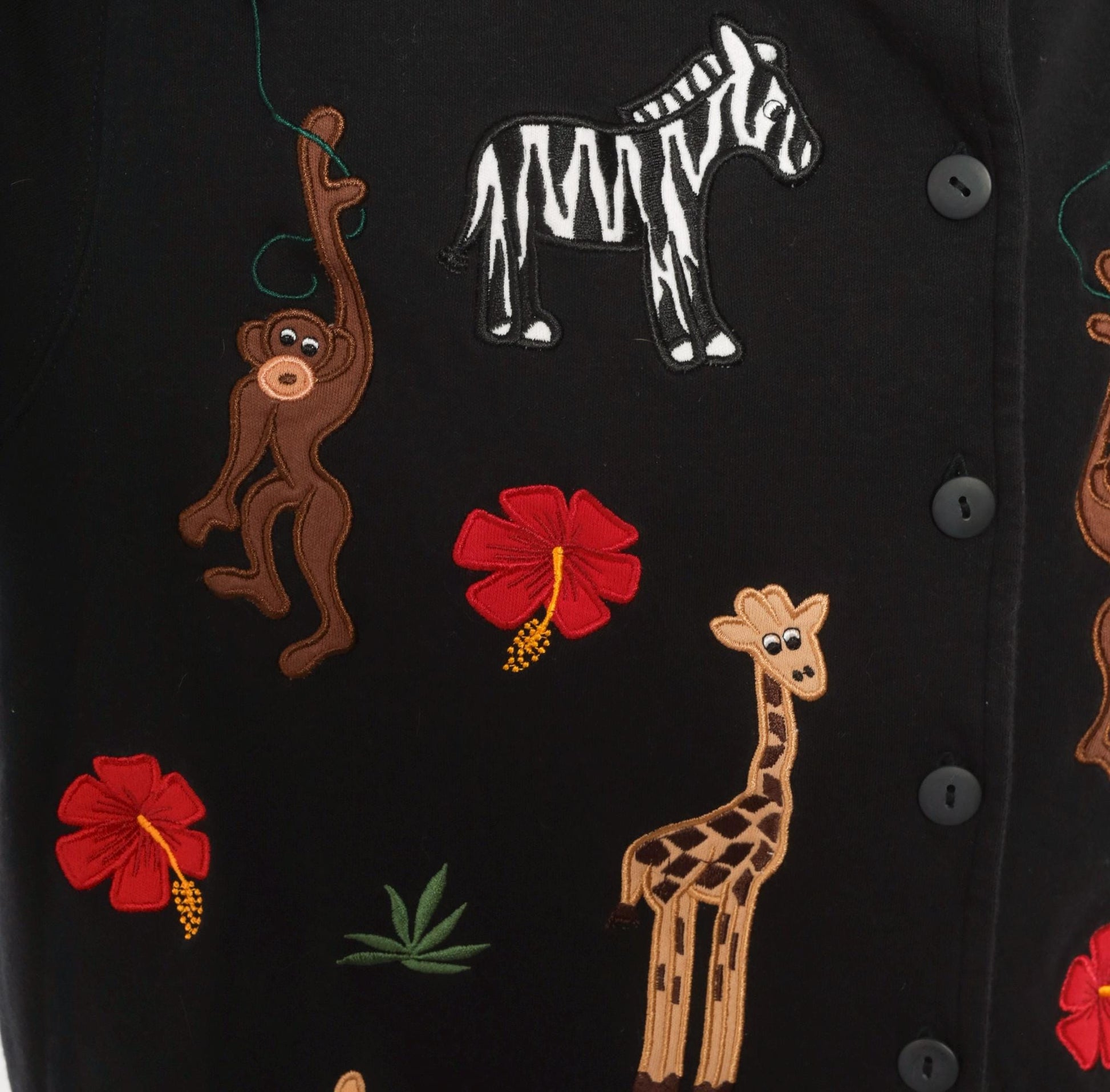 90s Bechamel Safari Animal Applique Cardigan Black Cotton Button Front Large L