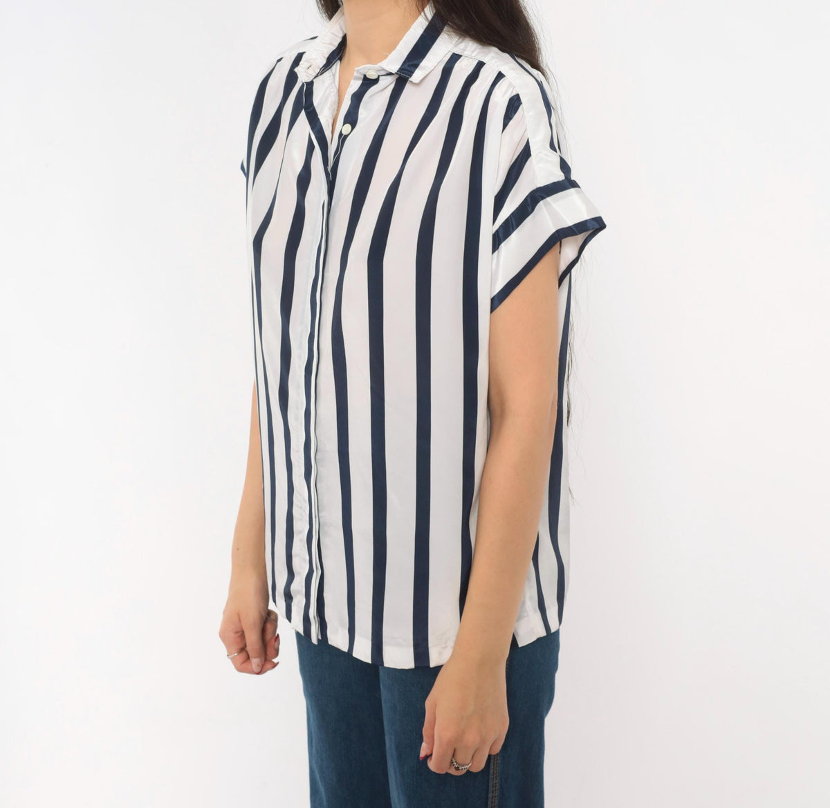 80s Navy White Striped Camp Collar Blouse Button Front Medium