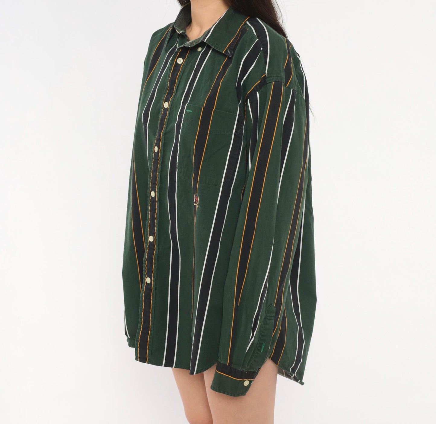 Tommy Hilfiger 90s Striped Cotton Shirt Forest Green Crest Logo Large L