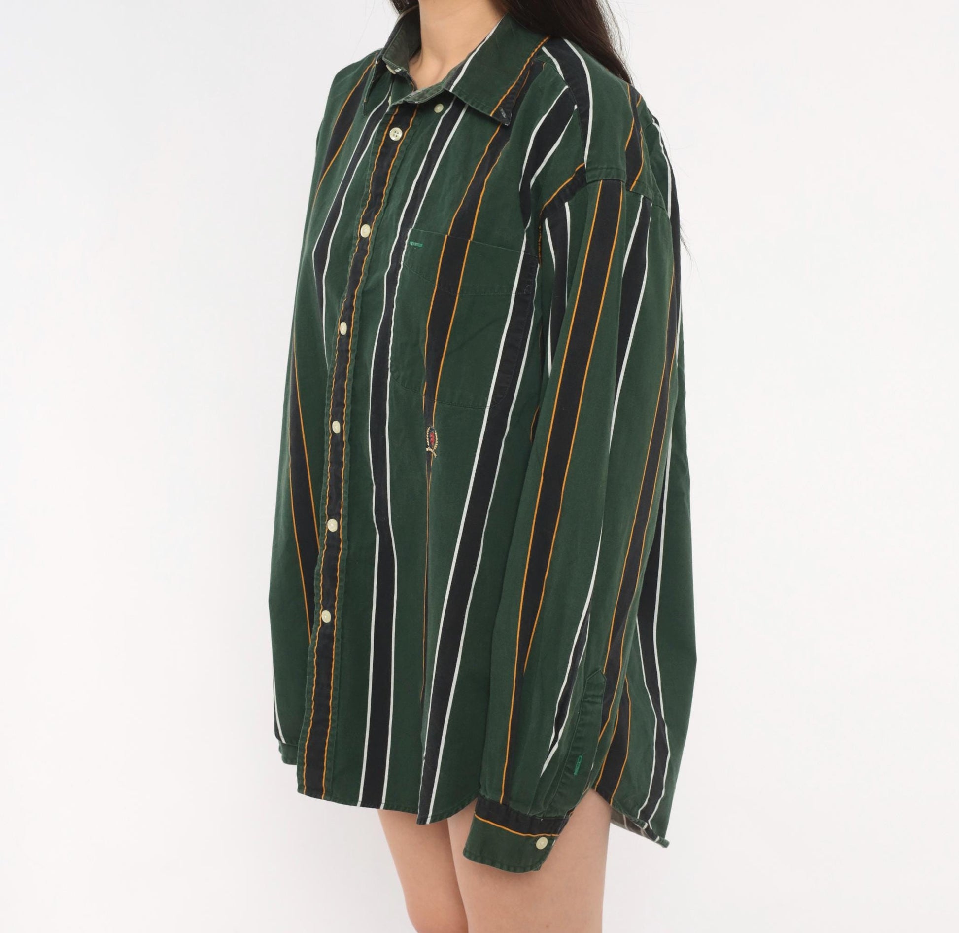 Tommy Hilfiger 90s Striped Cotton Shirt Forest Green Crest Logo Large L