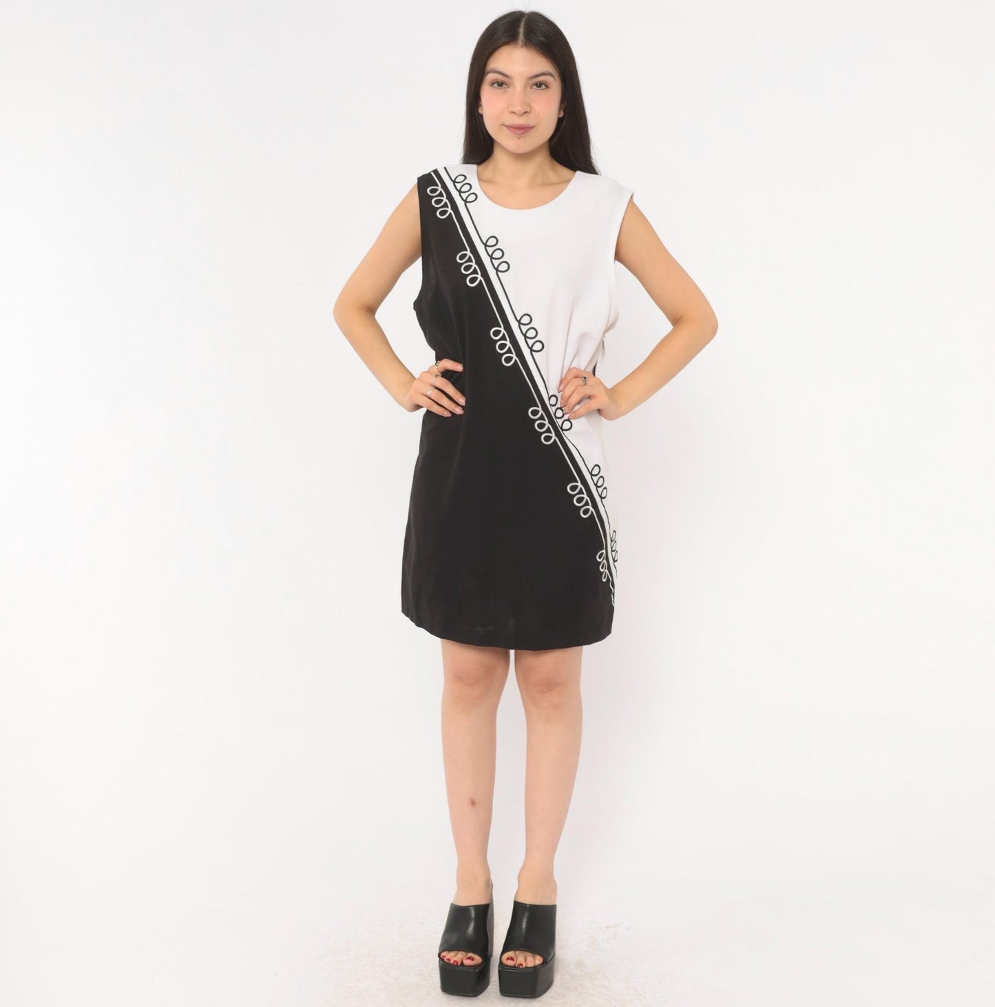 90s Sunshine Starshine Black White Colorblock Shift Dress Scoop Neck Large L