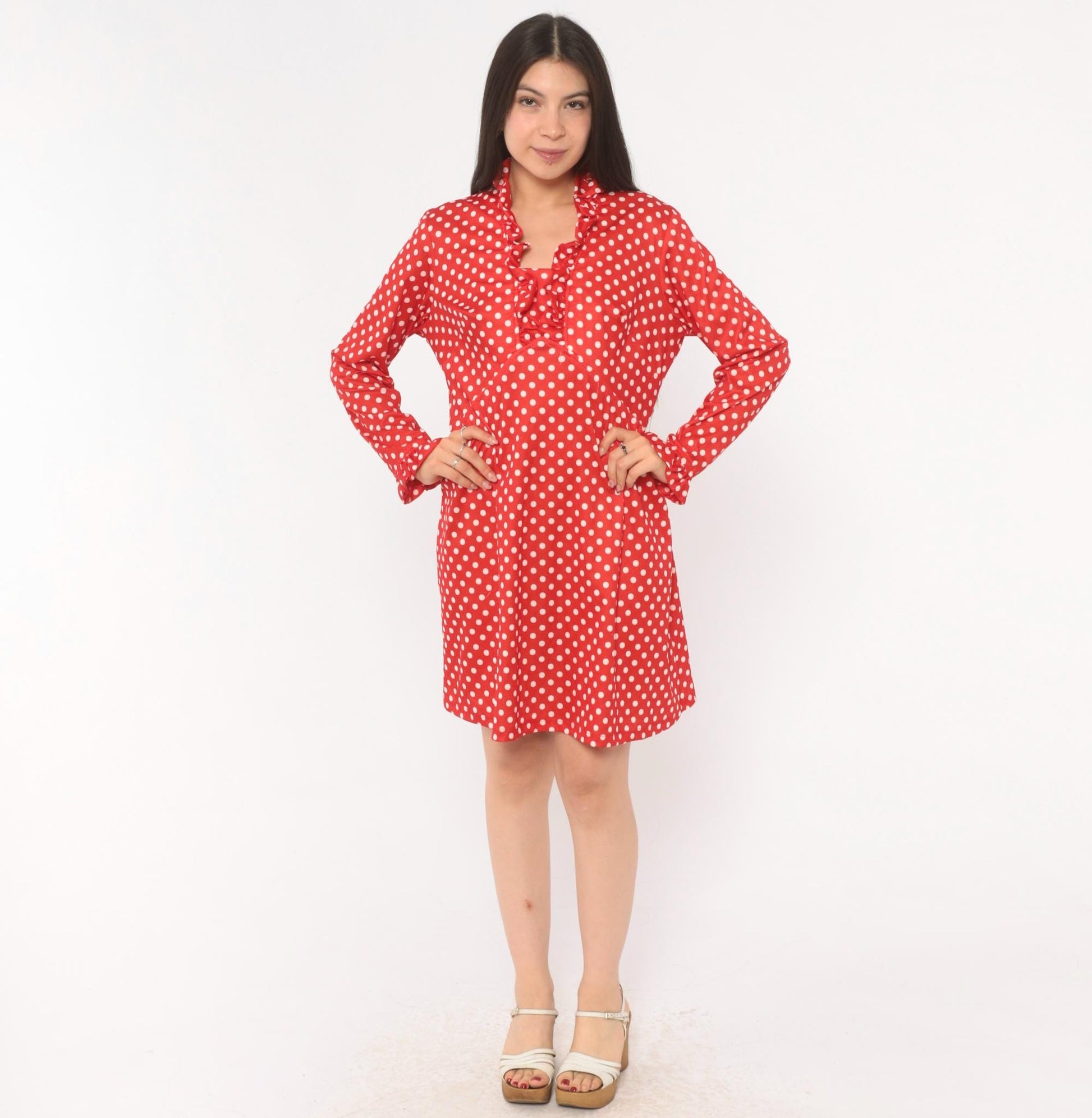 70s Red White Polka Dot Dress Long Sleeve V Neck Ruffle A Line Large