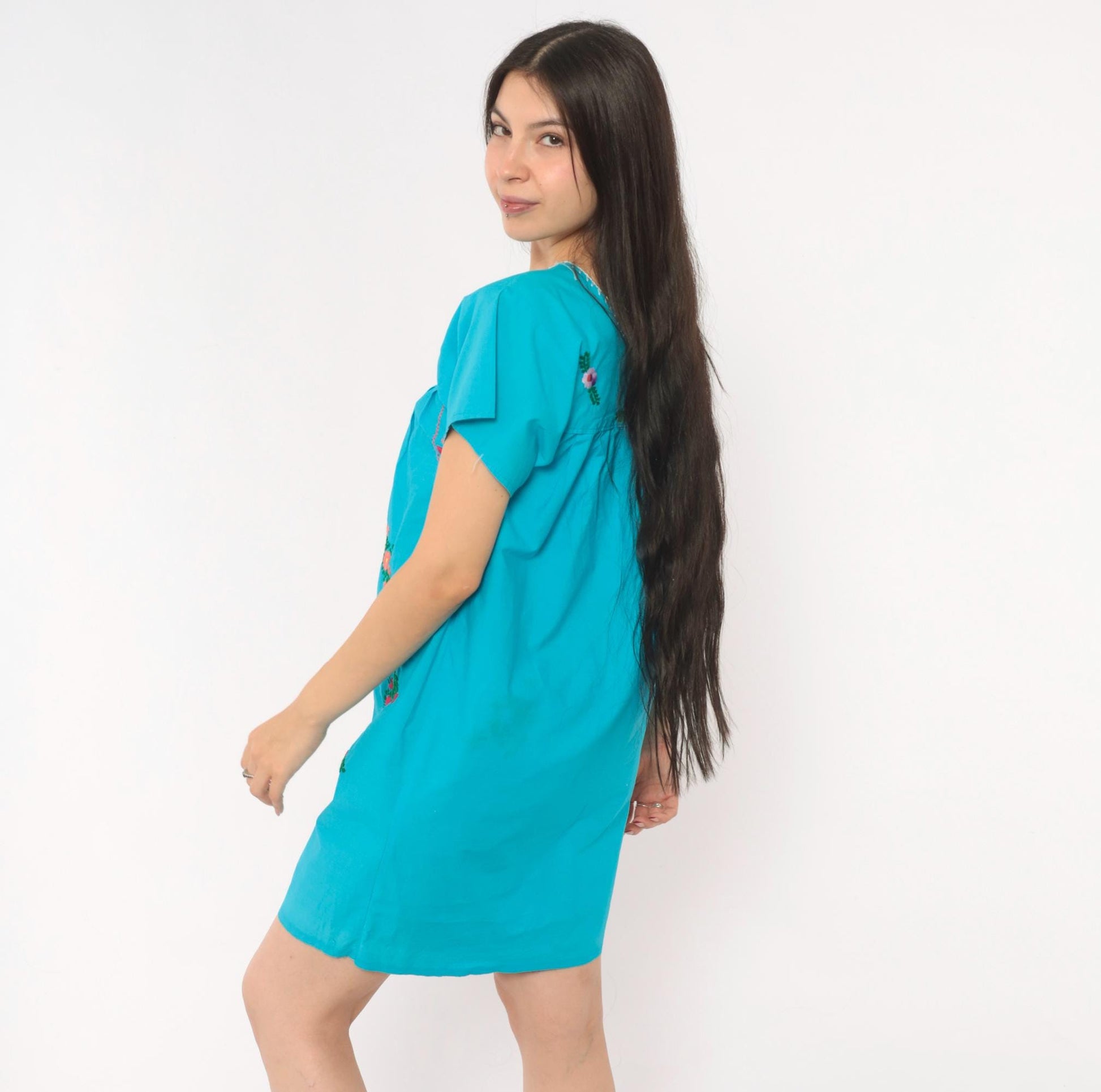 1970s Mexican Puebla Embroidered Cotton Dress Turquoise Floral Mini Extra Small