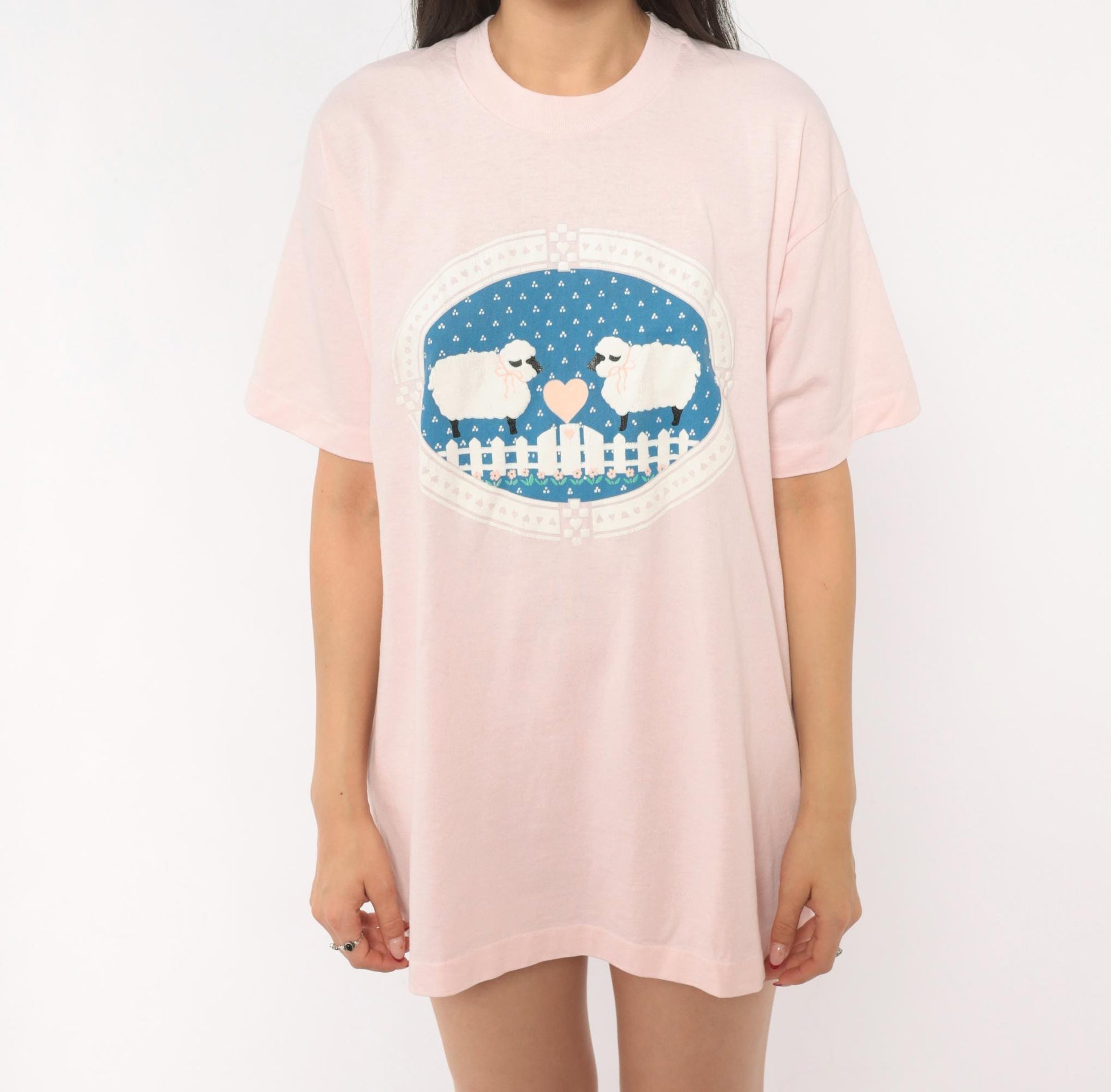 90s Screen Stars Sheep Heart Graphic Tee Pink Cotton Blush Print Extra Large XL
