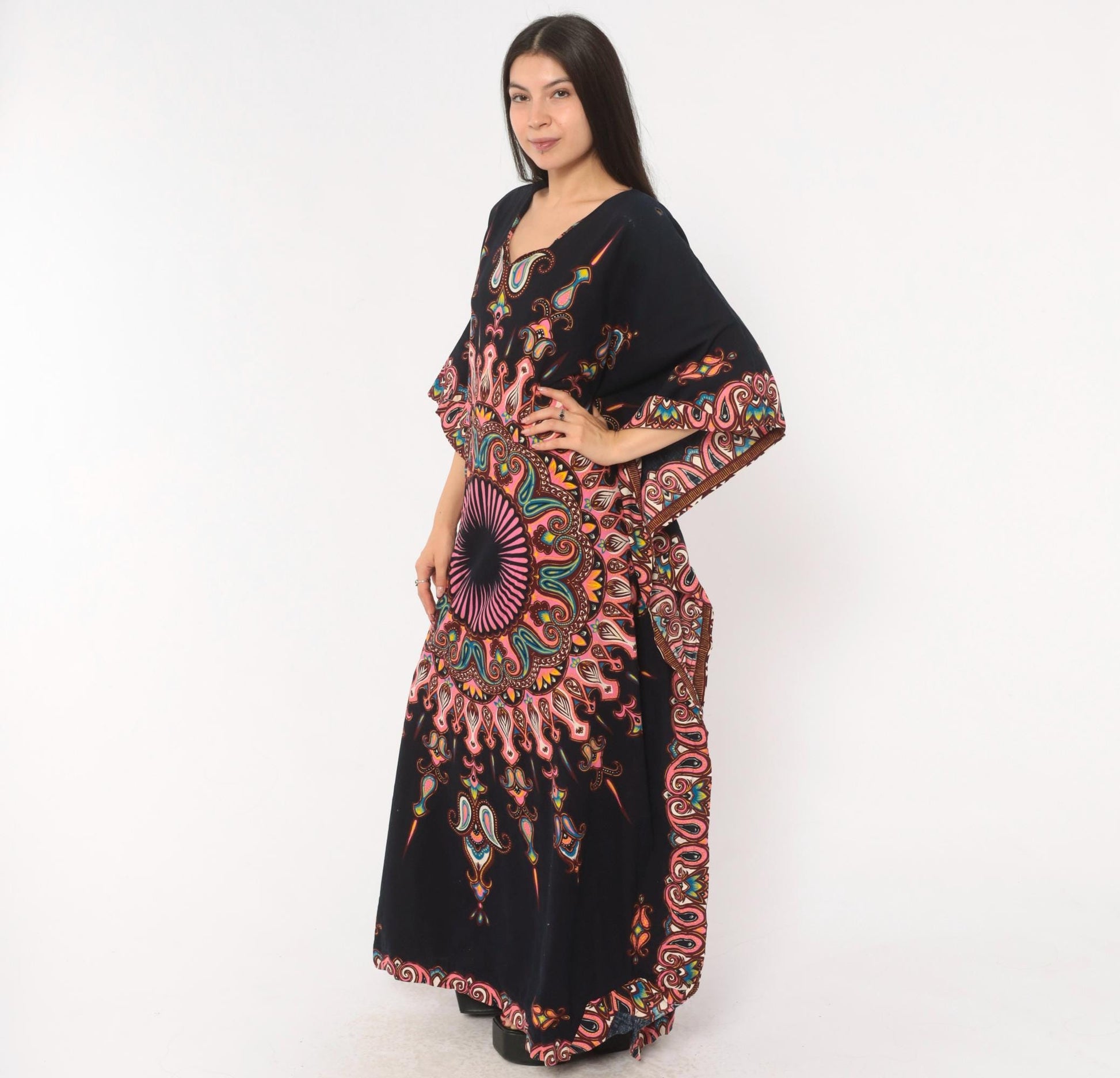 2000s Black Mandala Kaftan Paisley Print Pink V-Neck Bat Wing Maxi Dress One Size