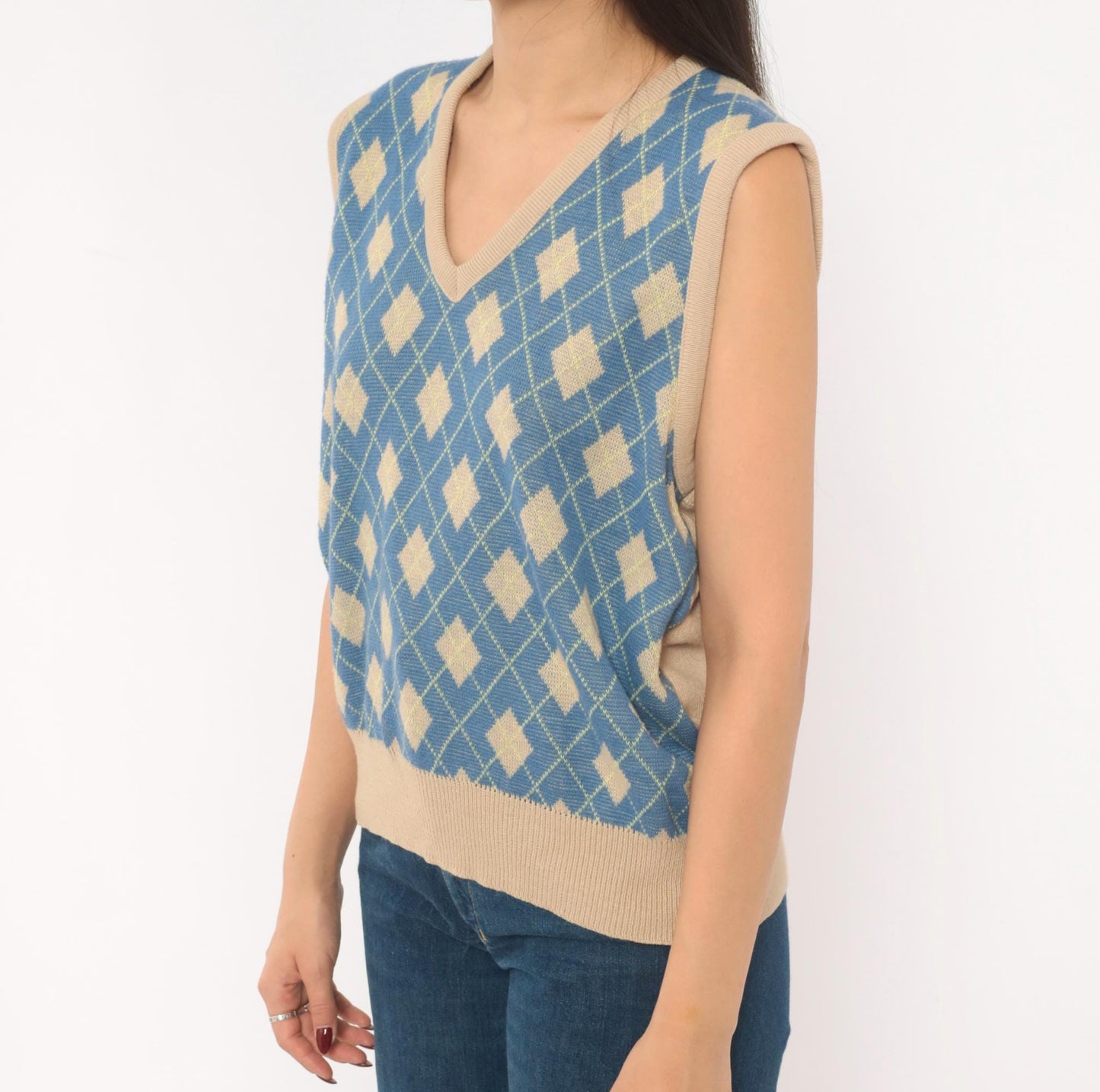 70s Pinnacle Argyle Knit Vest Blue Tan Diamond V-Neck Medium