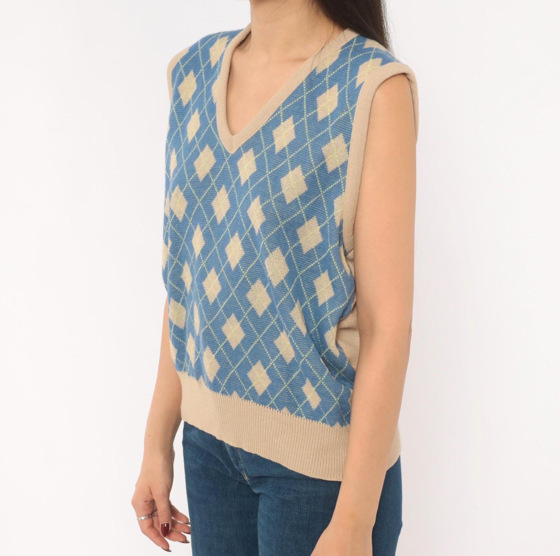 70s Pinnacle Argyle Knit Vest Blue Tan Diamond V-Neck Medium