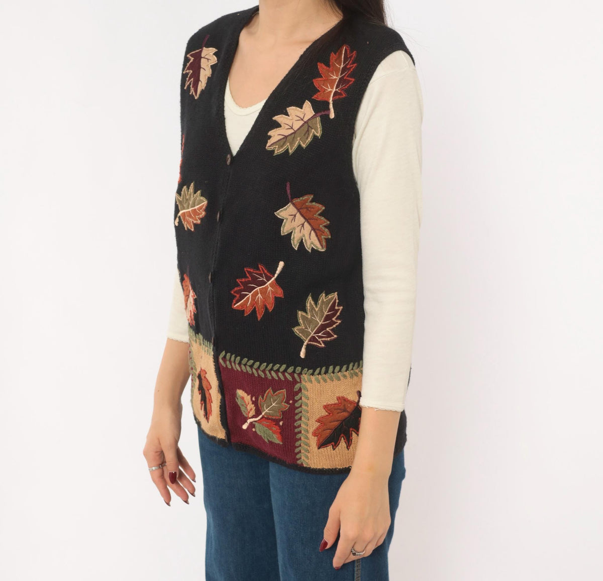 90s Black Knit Vest Autumn Leaves Appliqué Button Front Patchwork Medium M