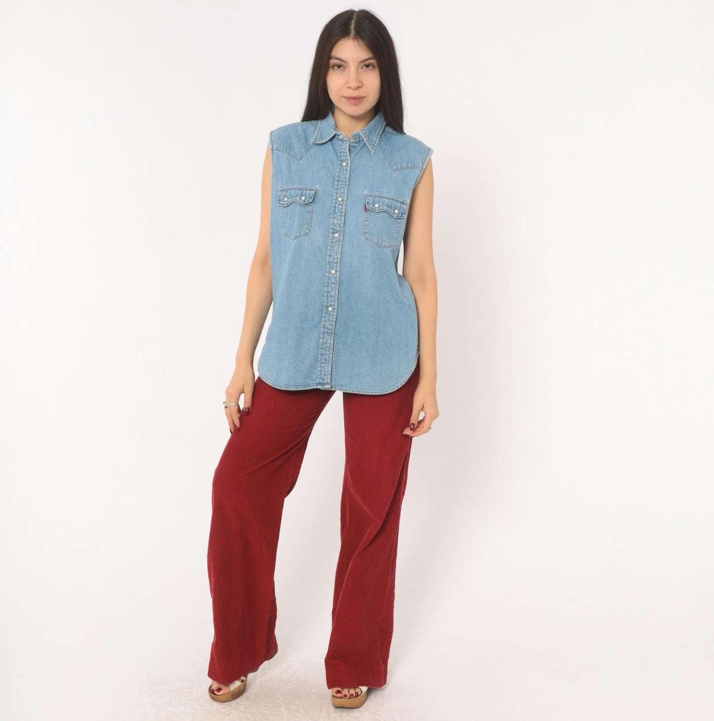 2000s Levi's Red Tab Denim Western Vest Light Wash Pearl Snap Medium M