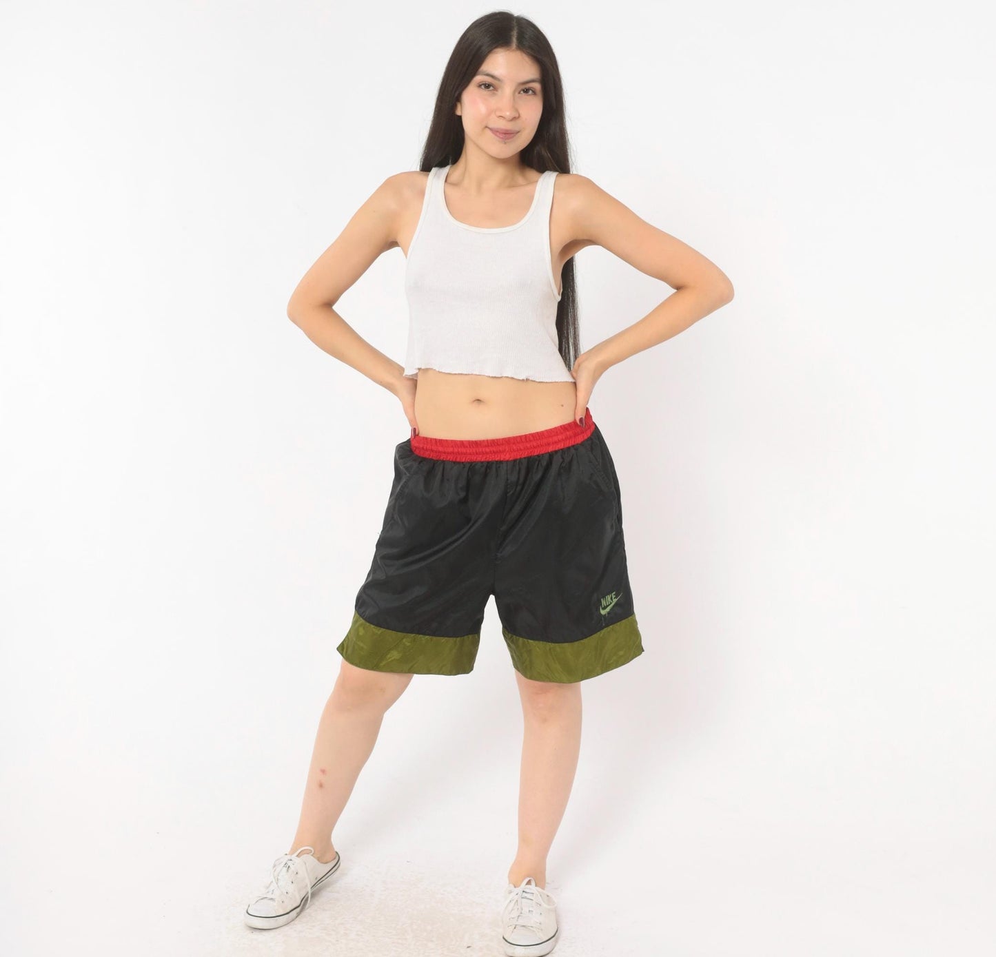 90s Nike Windbreaker Shorts Black Olive Red Color Block Medium M