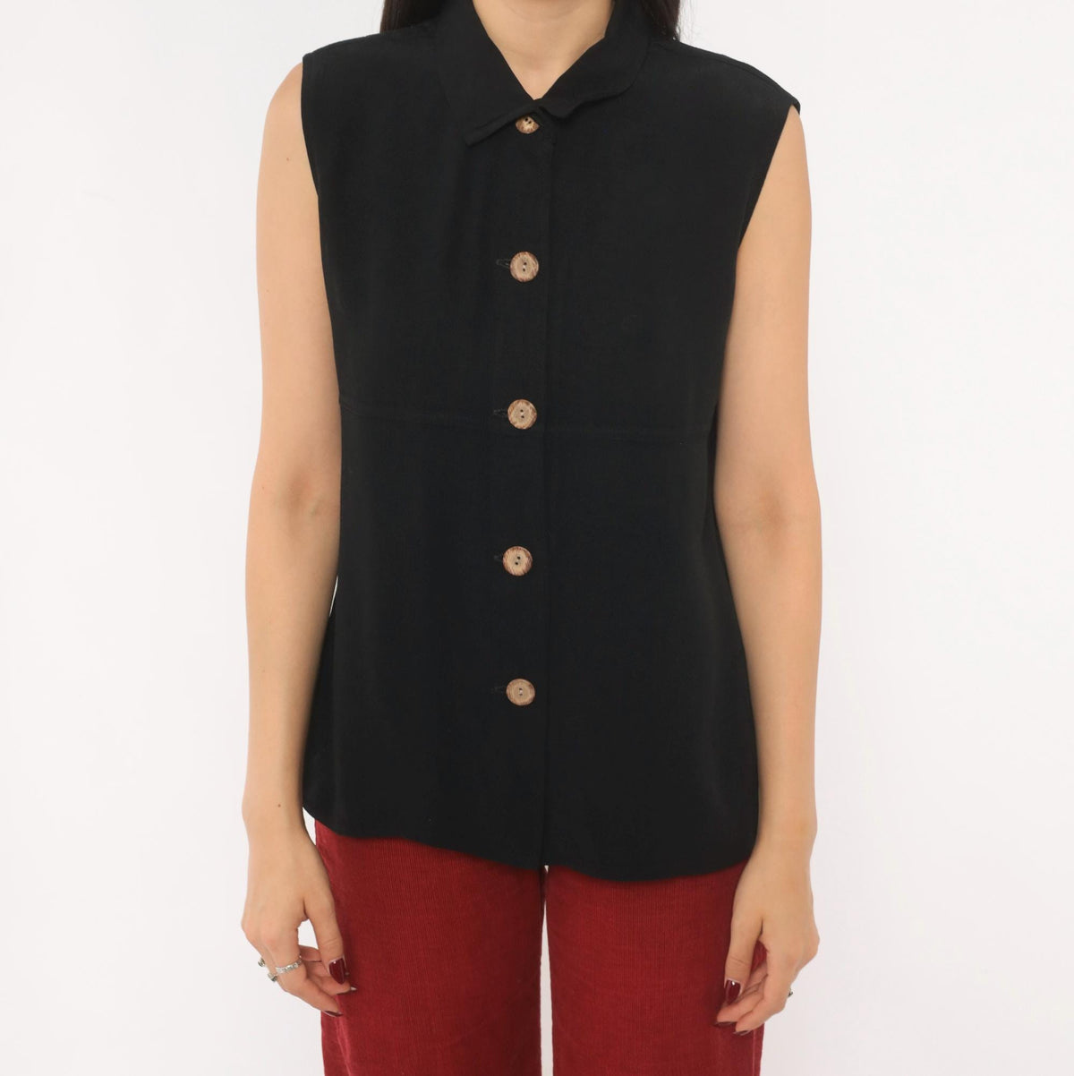 90s First Option Black Sleeveless Button Blouse Pointed Collar Medium M