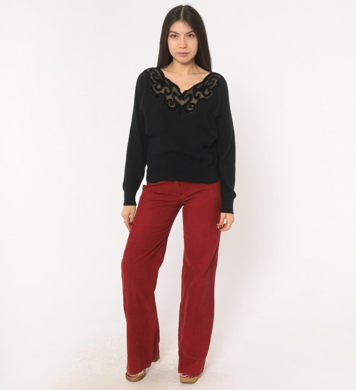 80s Sunbow 2 Black Beaded Mesh V-Neck Angora Pullover Dolman Sleeve Medium