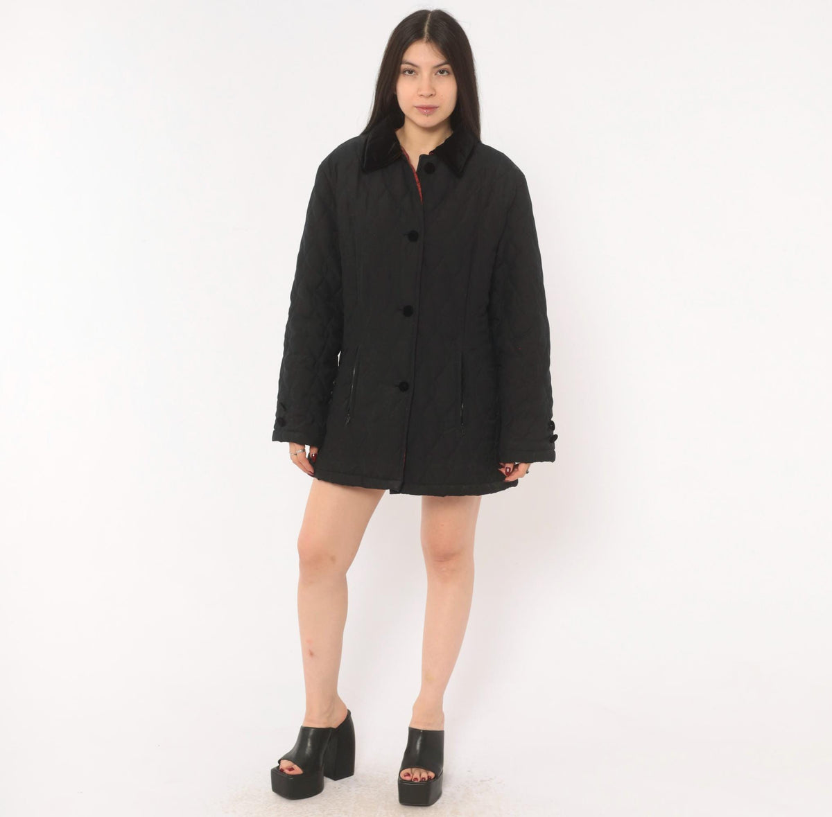 90s Halston Sport Black Quilted Jacket Diamond Stitch Velvet Collar Medium M
