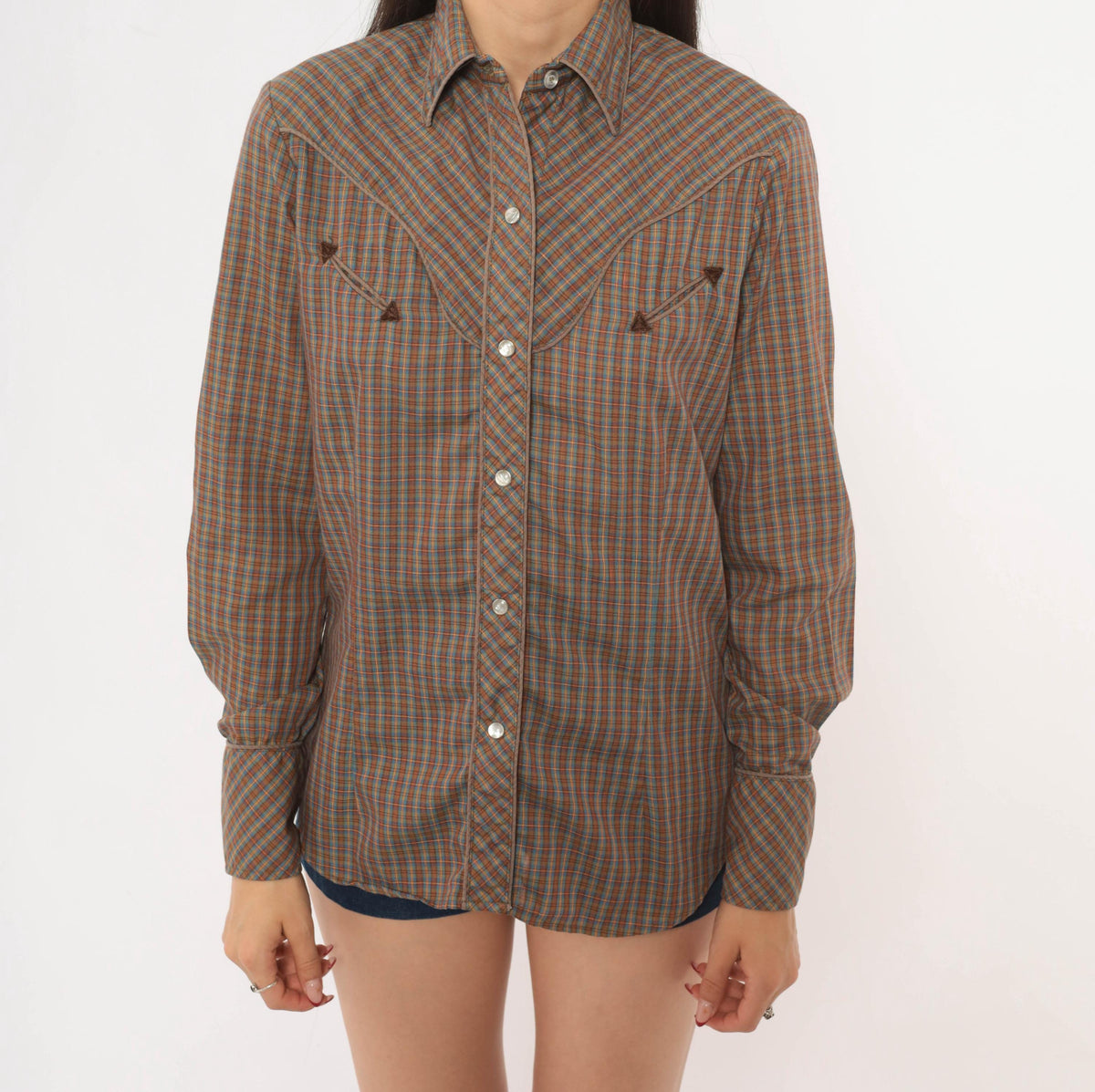 70s Western Plaid Shirt Pearl Snap Brown Blue Check Cotton Yoke Medium M