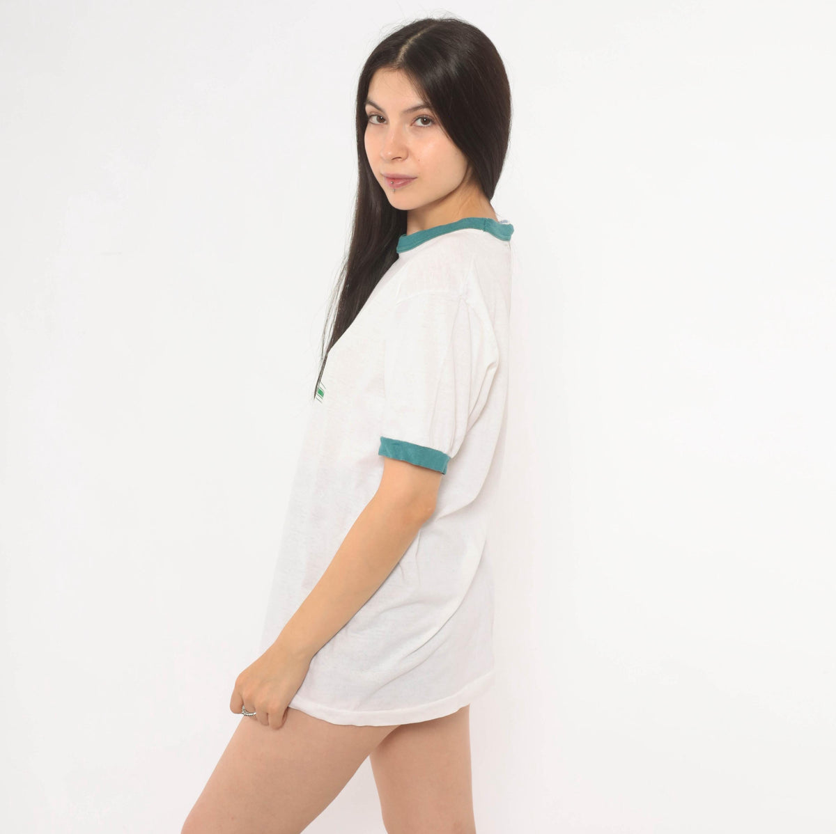 70s Watermelon Run Ringer Tee White Green Graphic Race Event Large L