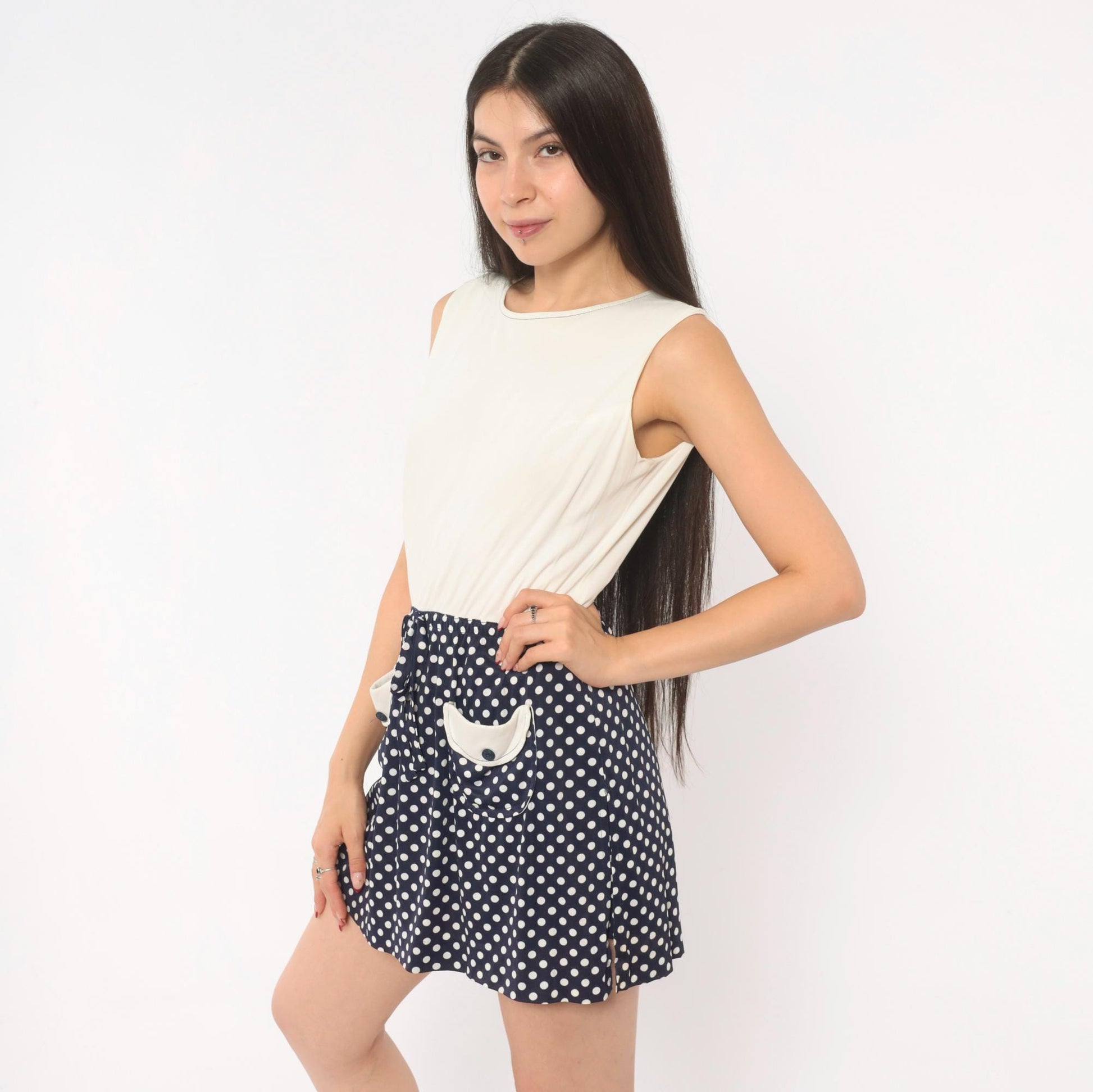 60s Jerell Two-Tone Polka Dot Mini Dress Navy Cream Mod Shift Medium M