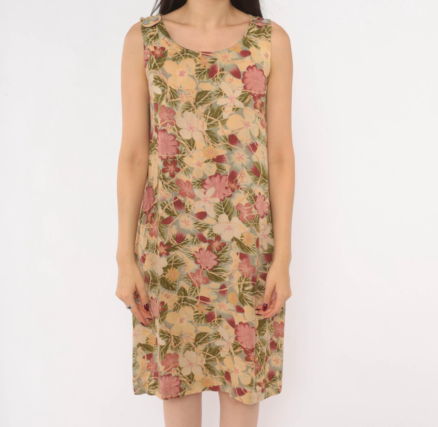 90s Dressing Clio Floral Shift Dress Cream Tropical Print Knee Length Small