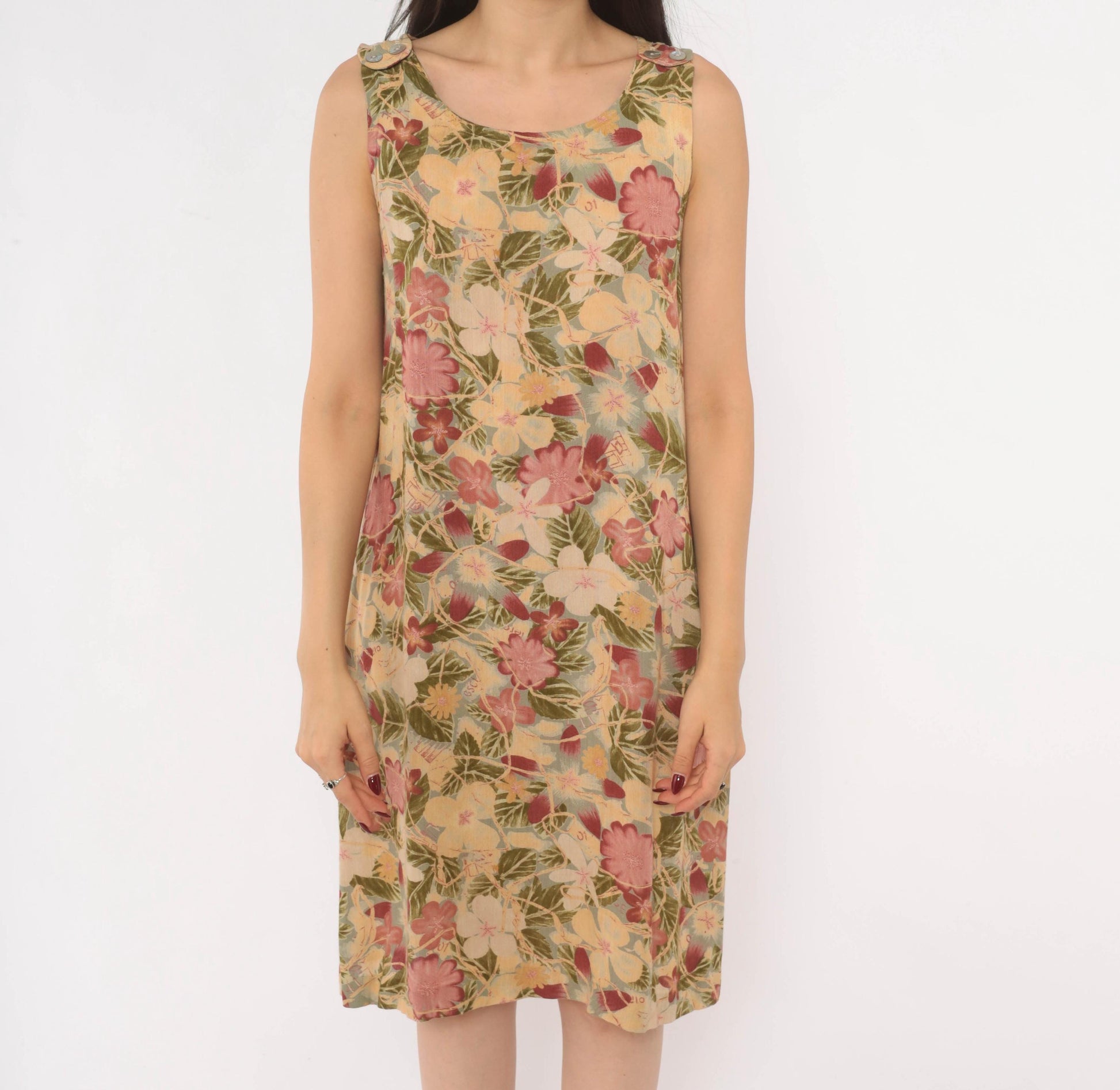 90s Dressing Clio Floral Shift Dress Cream Tropical Print Knee Length Small