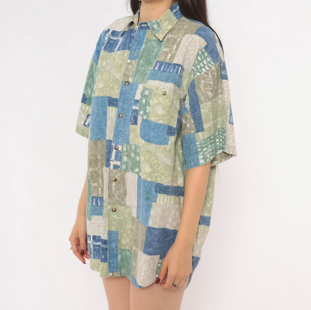 90s Marc Daniels Patchwork Print Button Shirt Cotton Geometric Blue Sage Medium