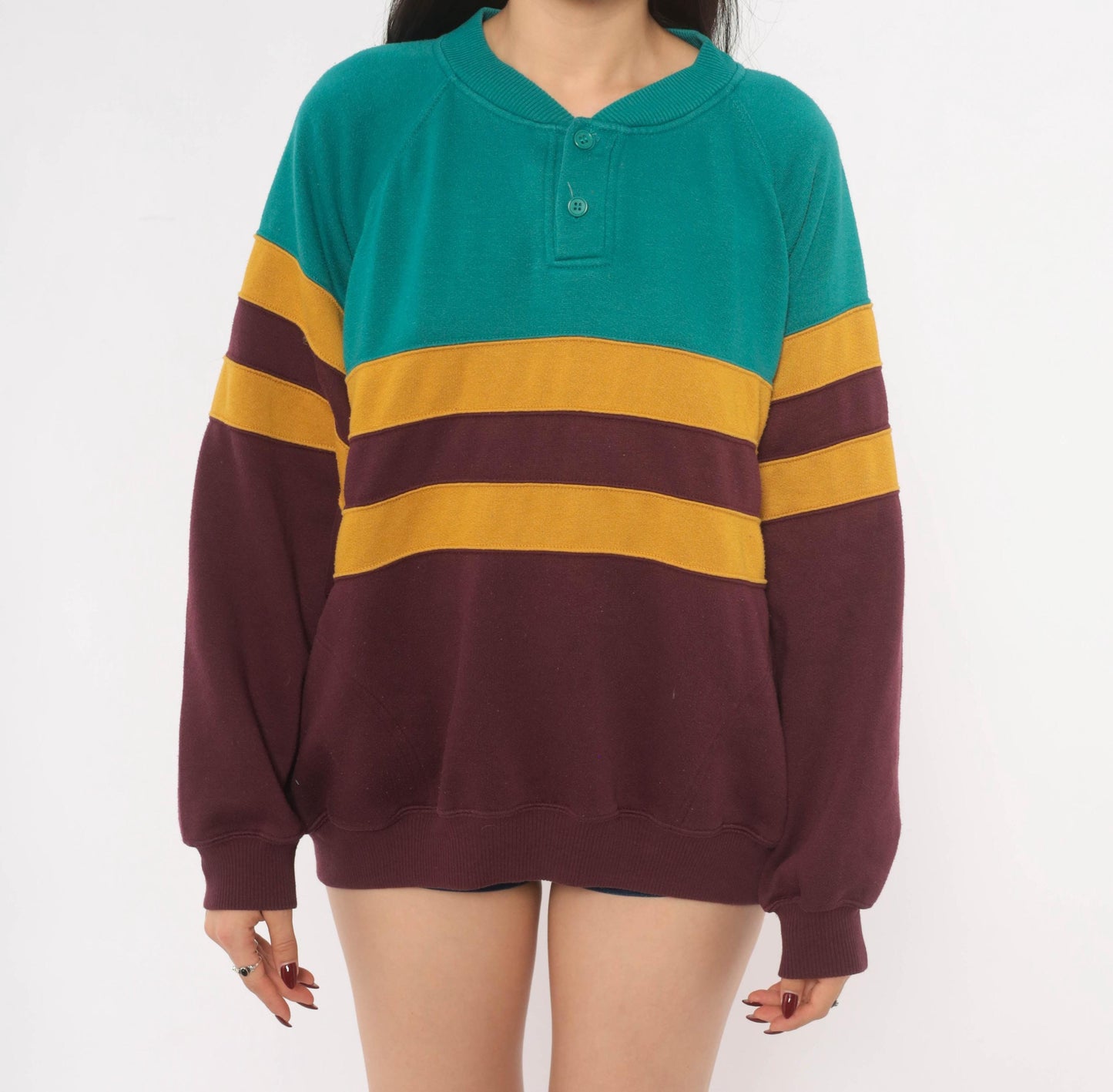 90s Prides Landing Color Block Henley Sweatshirt Teal Burgundy Mustard Large L
