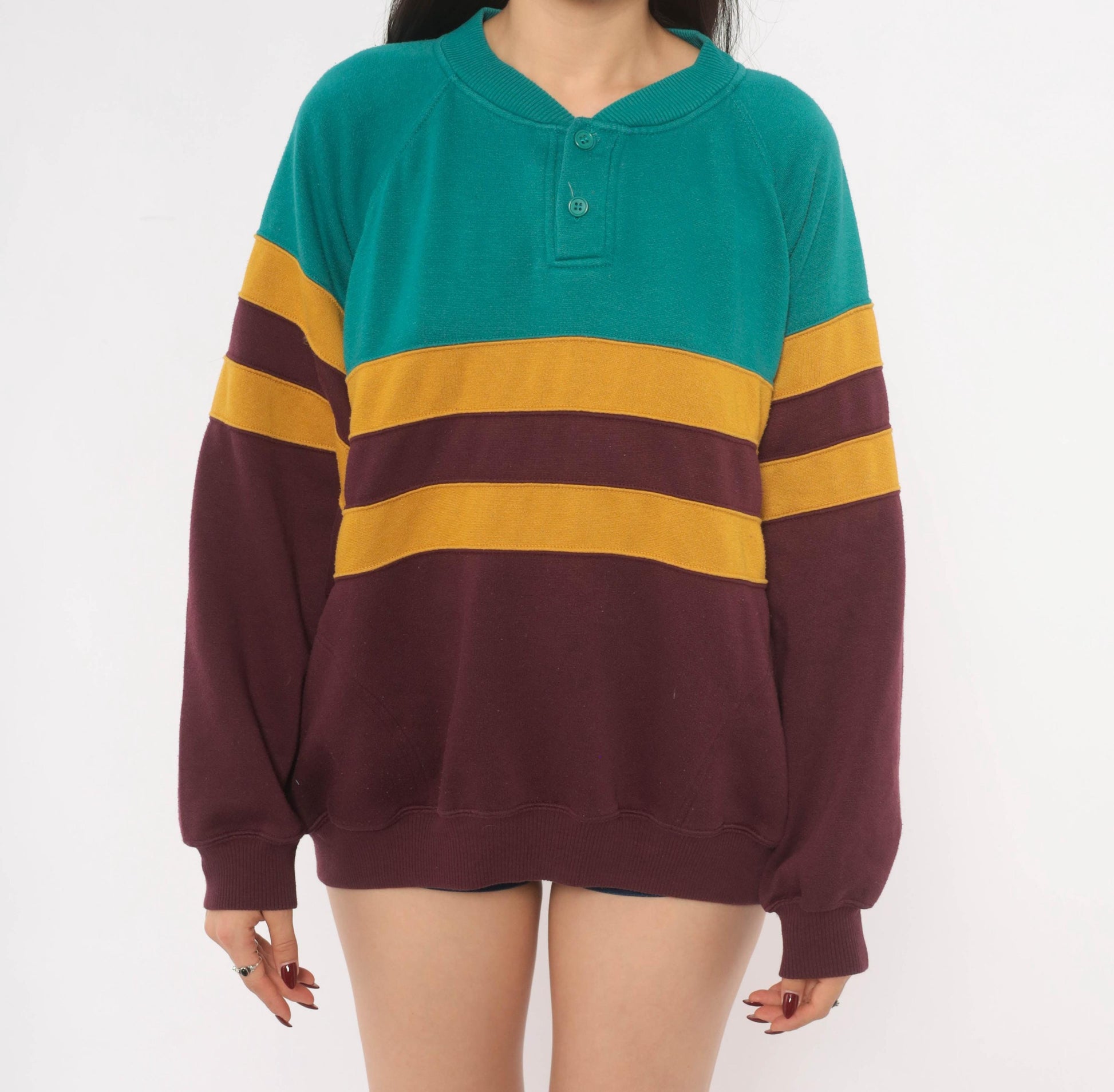 90s Prides Landing Color Block Henley Sweatshirt Teal Burgundy Mustard Large L
