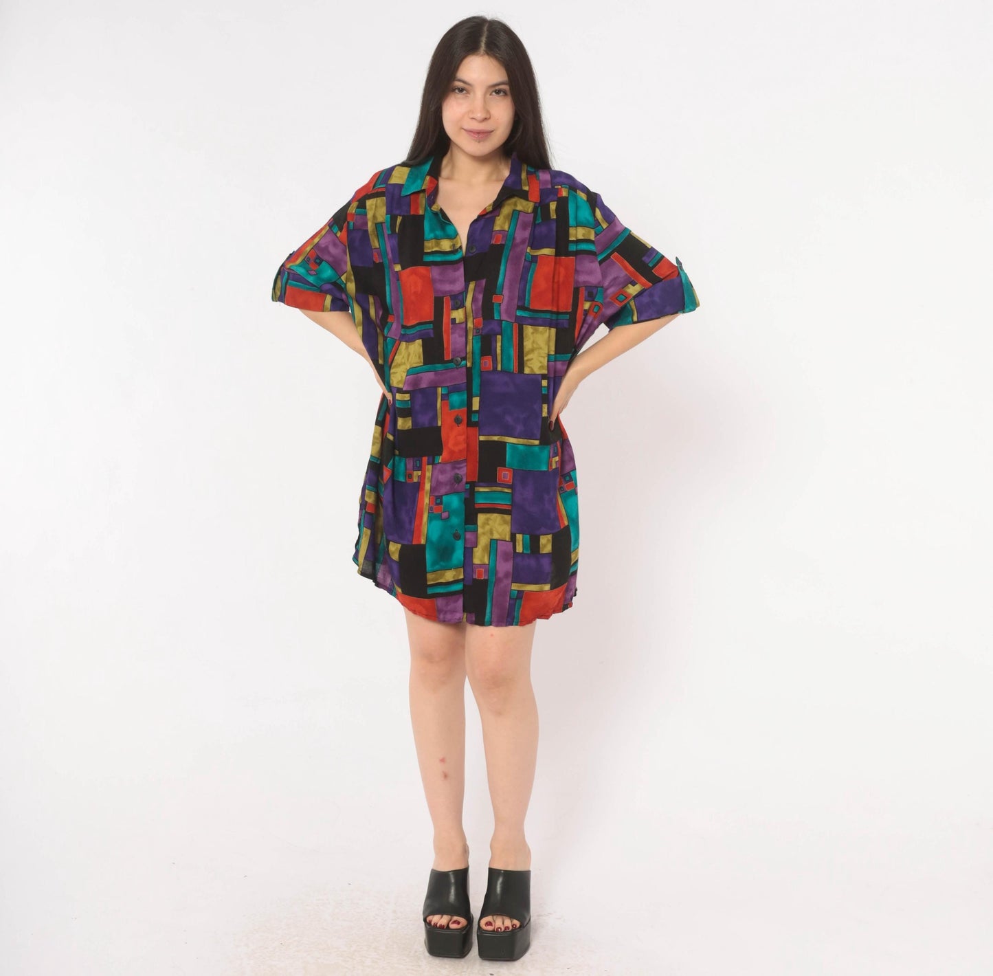 90s A Personal Touch Color Block Abstract Shirt Purple Teal Red Gold Extra Large XL