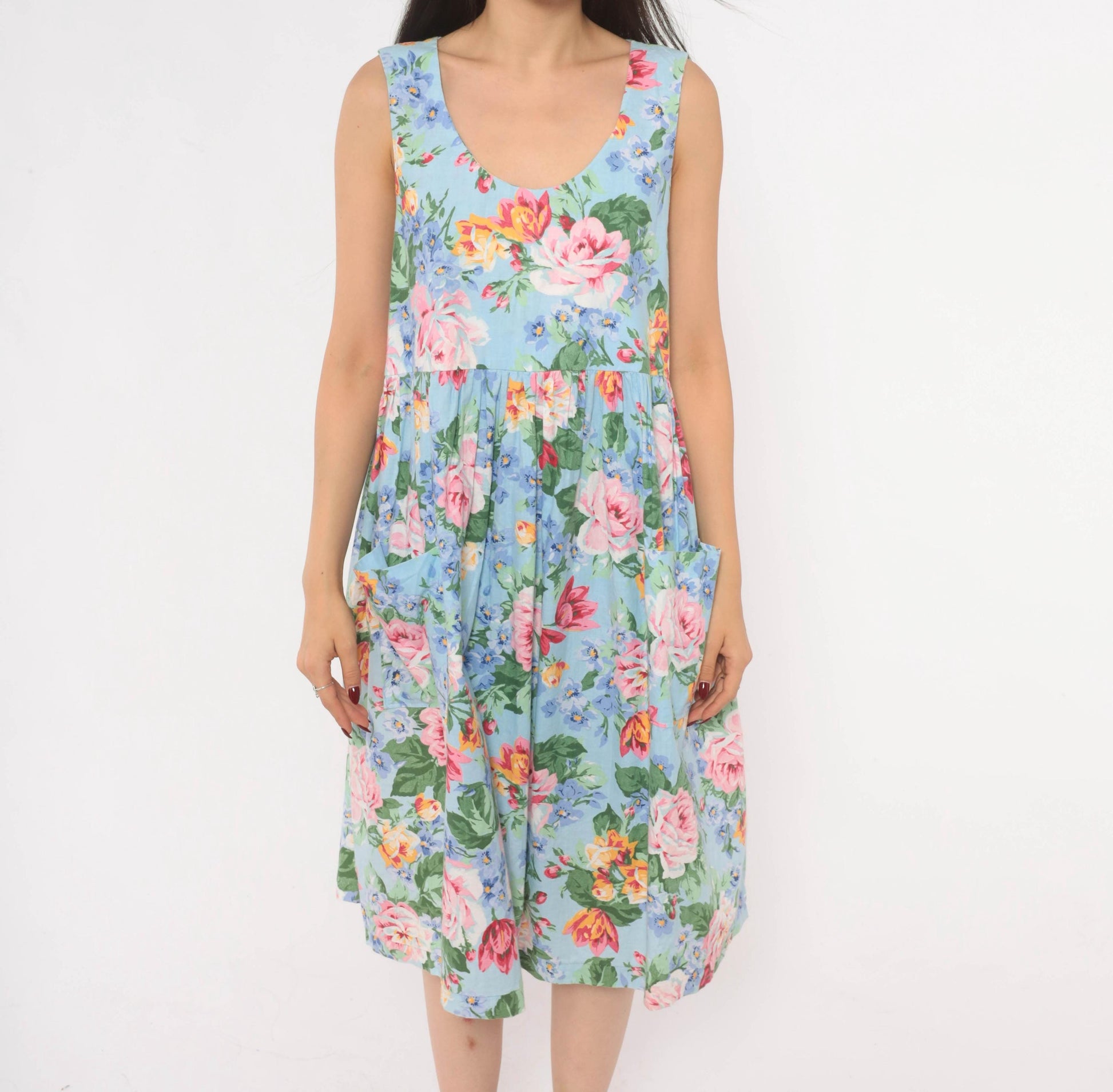 80s Sky Blue Floral Sundress Rose Print Scoop Neck Gathered Waist Medium