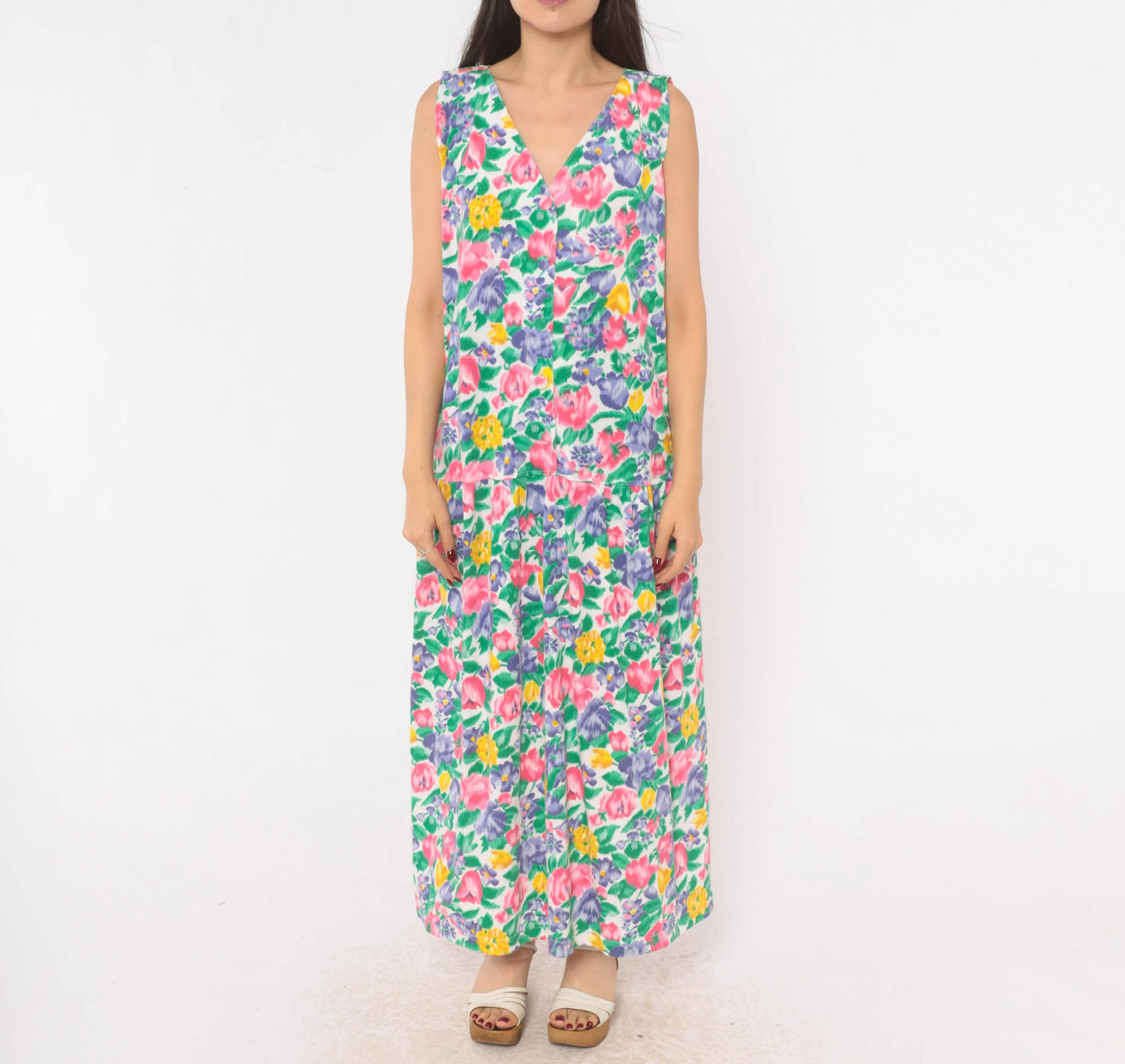 90s Fads Floral Maxi Dress Button Front V-Neck Sleeveless Pink Purple Extra Large XL