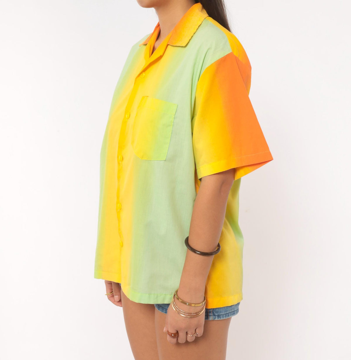 70s Gradient Camp Collar Shirt Orange Yellow Green Colorblock Medium