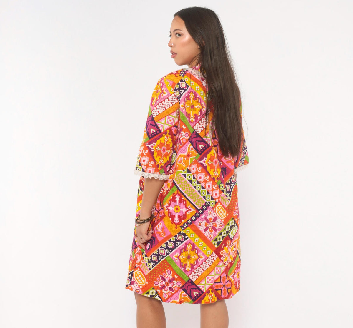1970s Patchwork Button Front Shift Dress Knee Length Cotton Multicolor Medium M