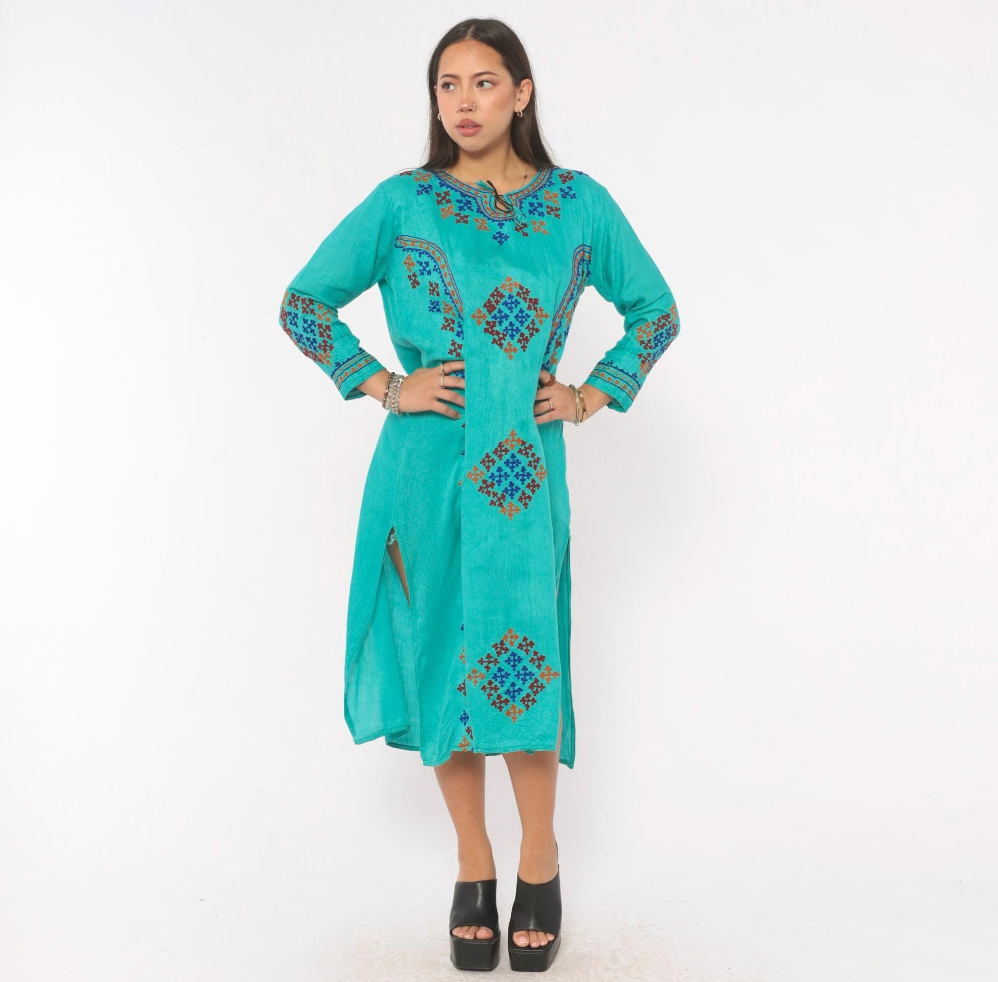 Y2K Teal Cotton Kaftan Embroidered Cross Stitch Diamond Tunic Dress Medium M