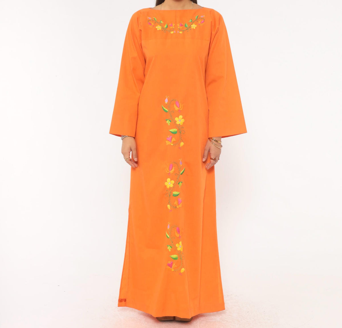 70s Orange Embroidered Maxi Dress Cotton Floral Bell Sleeve Boat Neck Medium M