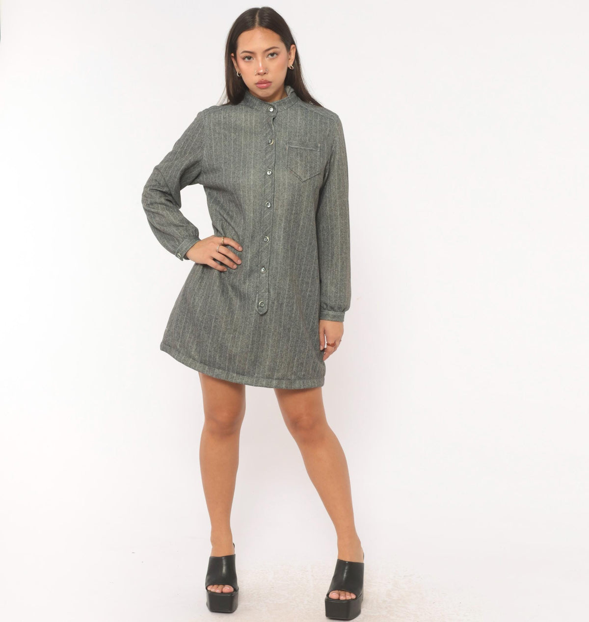 60s Tina's Pinstripe Shirt Dress Grey Mandarin Collar Medium M