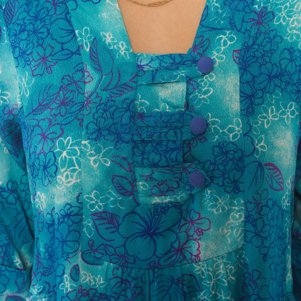 70s Psychedelic Floral Maxi Dress Blue Purple Teal Cotton Square Neck Medium