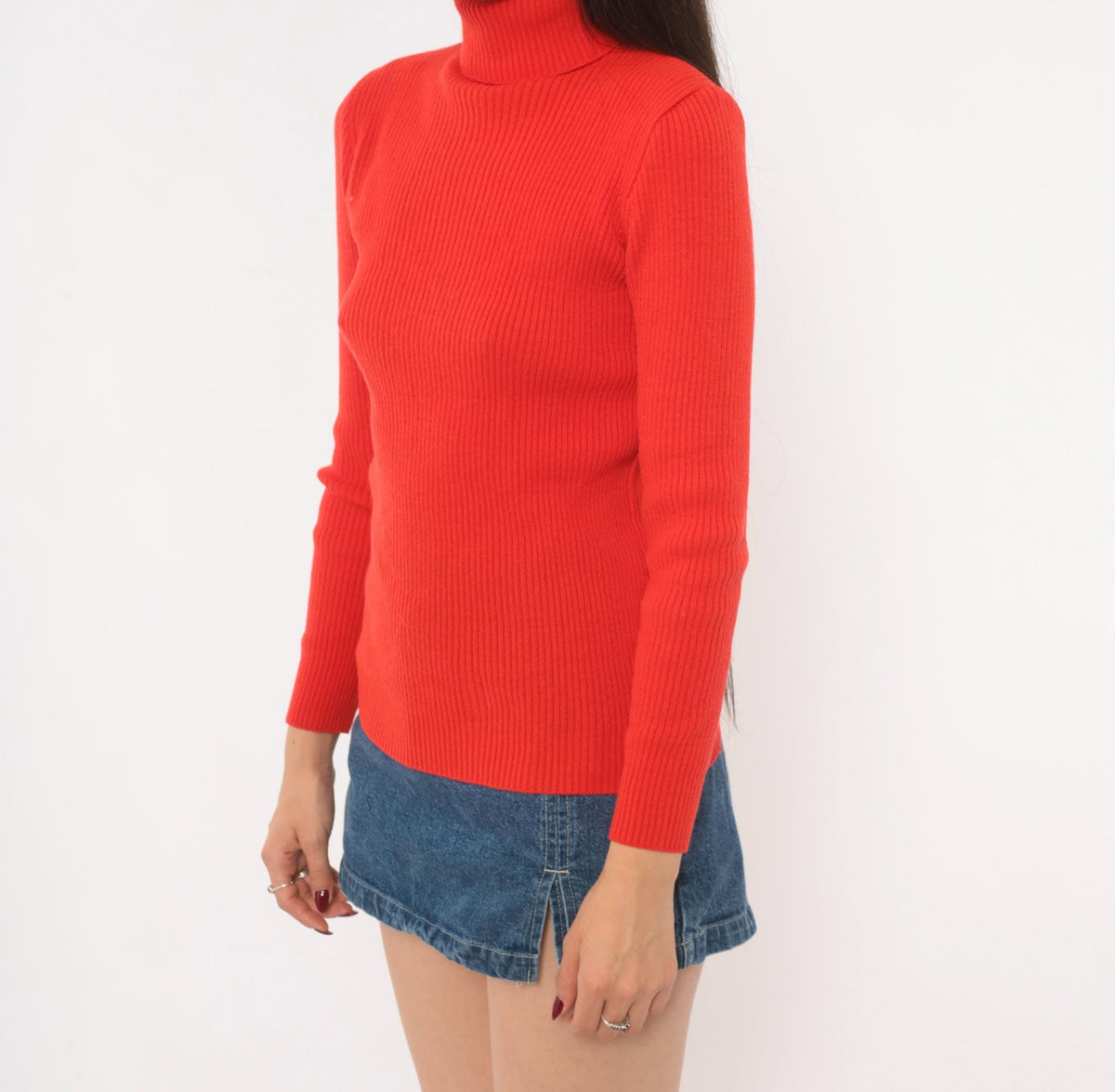 70s Red Ribbed Knit Turtleneck Sweater Fitted Pullover Back Zip Small Medium