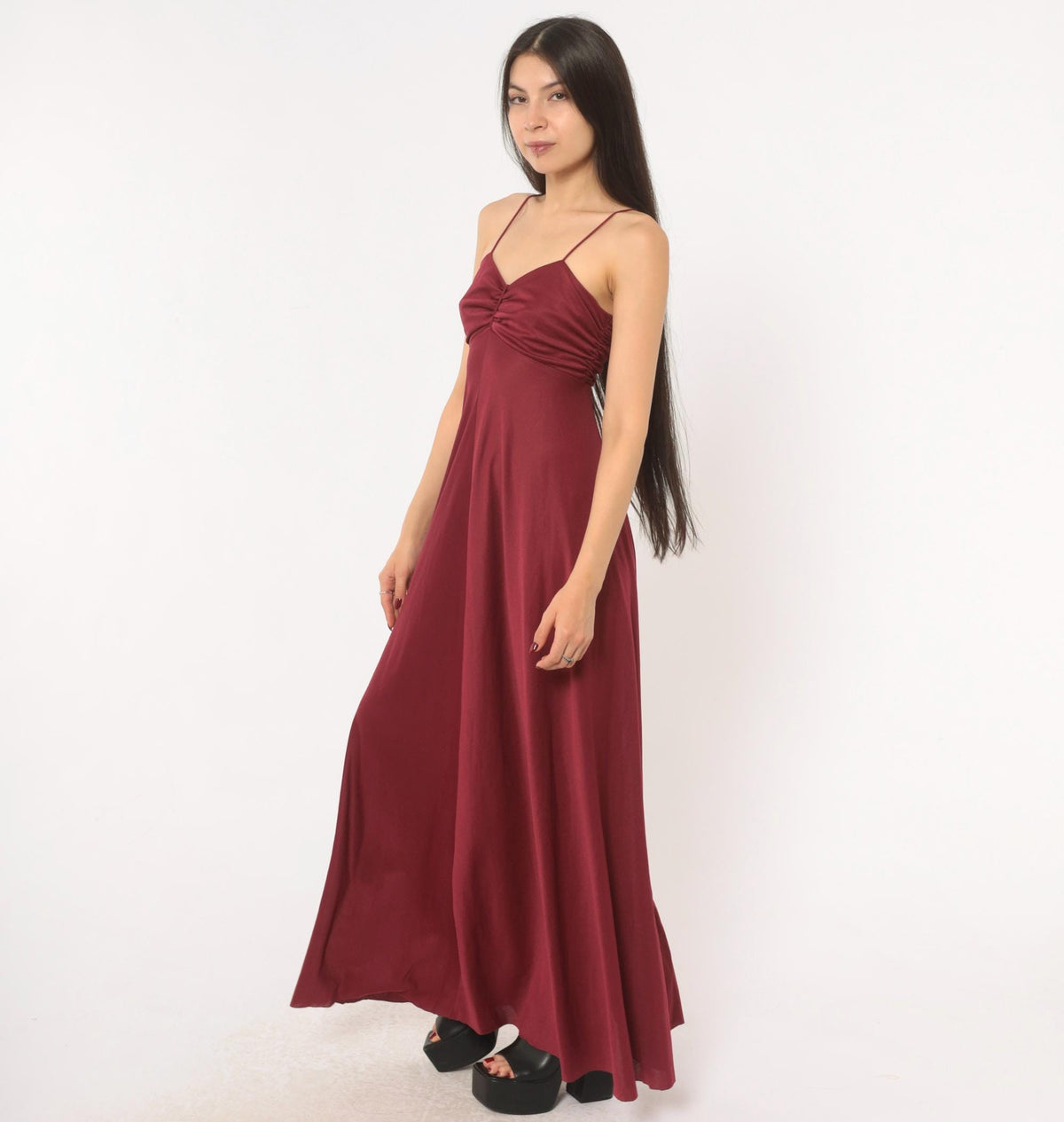 70s Burgundy Maxi Dress Sweetheart Neckline Empire Waist Spaghetti Strap Small