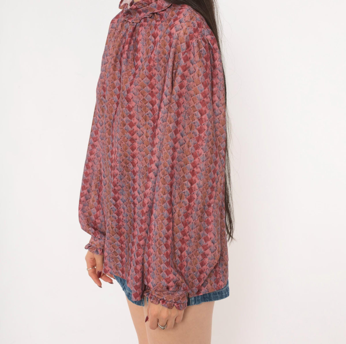 70s La Grande Petite Diamond Harlequin Blouse Ruffle Neck Puff Sleeve Dusty Rose Extra Large