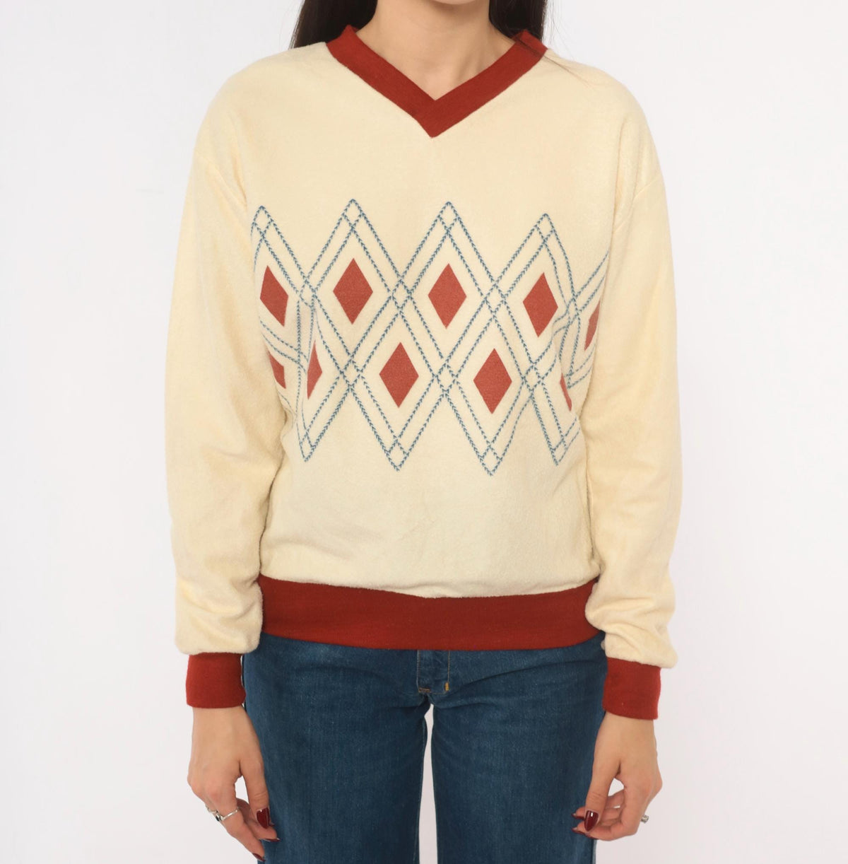 70s Windjammer Argyle V-Neck Pullover Sweatshirt Cream Burgundy Medium M