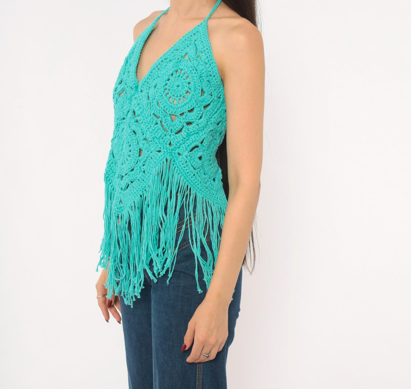 Y2K Teal Crochet Halter Top Granny Square Fringe Cotton Turquoise Small–Large