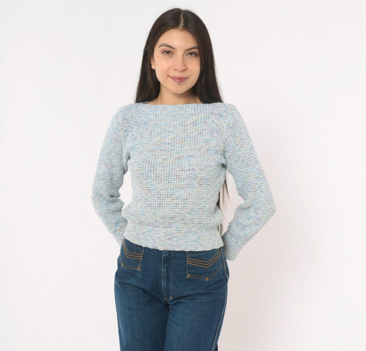70s Powder Blue Speckled Knit Sweater Boat Neck Cropped Small
