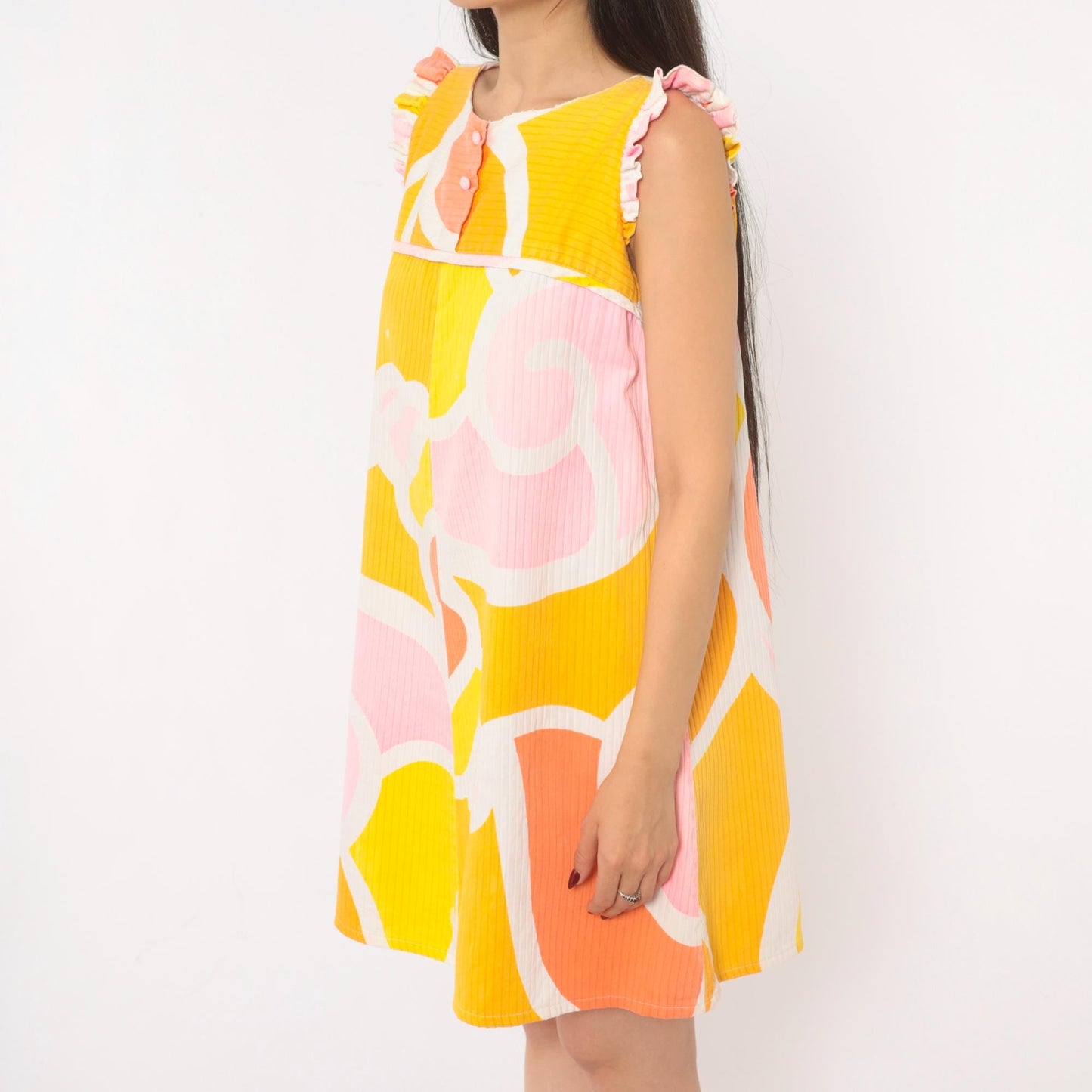 70s Andrade Hawaiian Swirl Mini Dress Yellow Pink Orange Ruffle Cap Sleeve Small