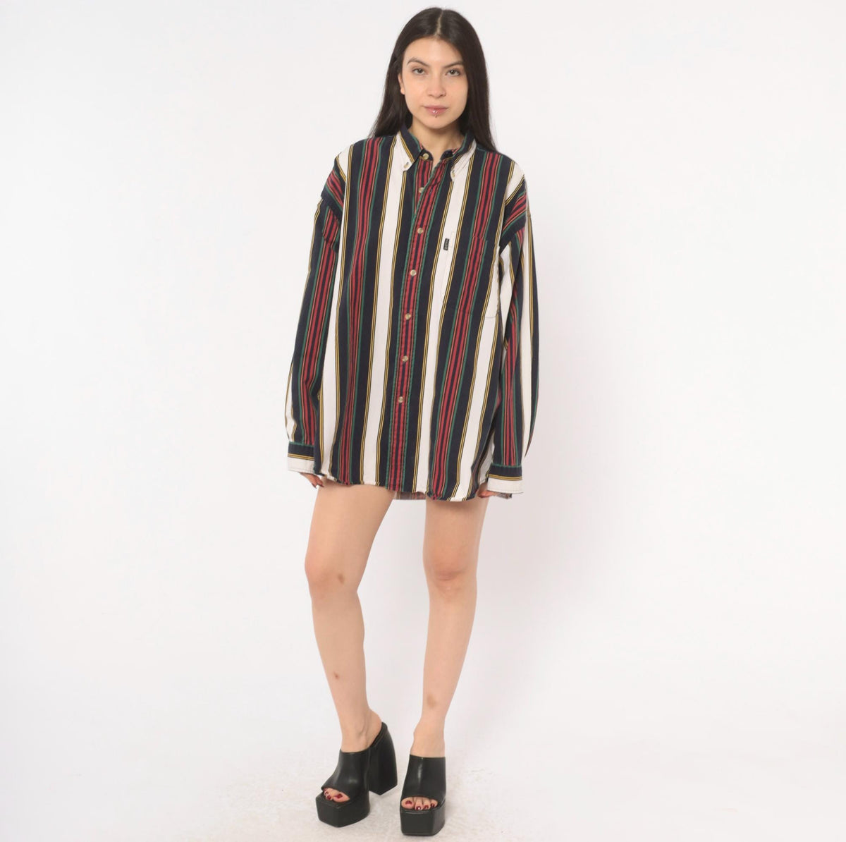 90s Izod Striped Button Down Shirt Navy Burgundy Green Gold Large L