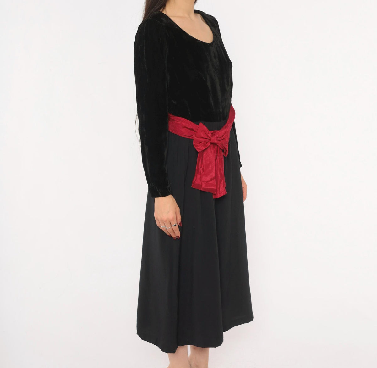 90s Petite Lanz Black Velvet Jumpsuit Burgundy Sash Puff Sleeve Small S