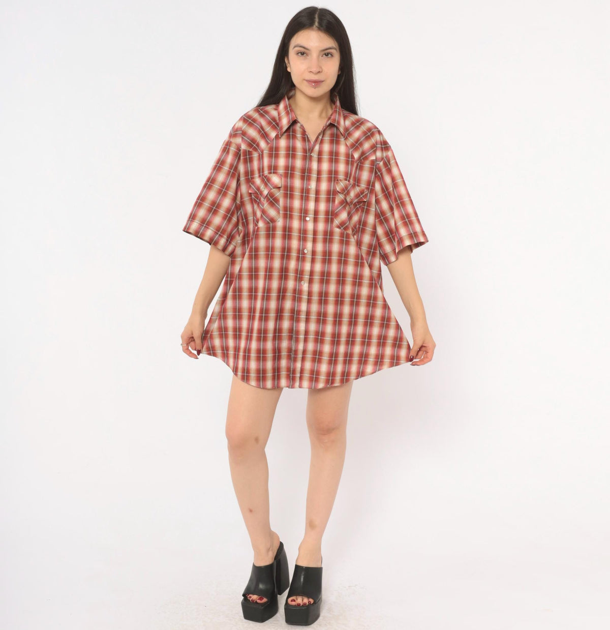 90s Plains Western Pearl Snap Shirt Burgundy Plaid Cotton Extra Large XL