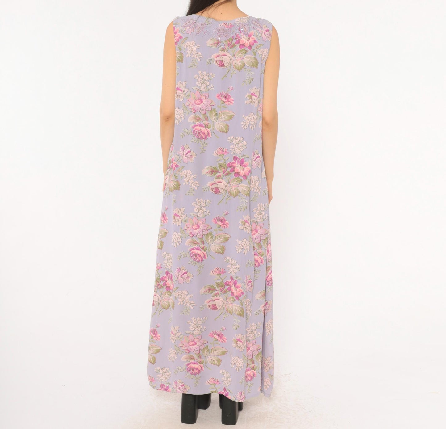 90s April Cornell Lavender Floral Maxi Dress Sequin Lace Scoop Neck Large