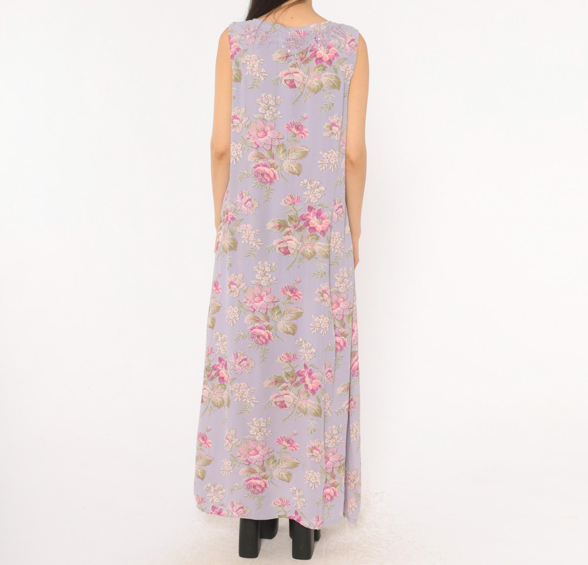 90s April Cornell Lavender Floral Maxi Dress Sequin Lace Scoop Neck Large