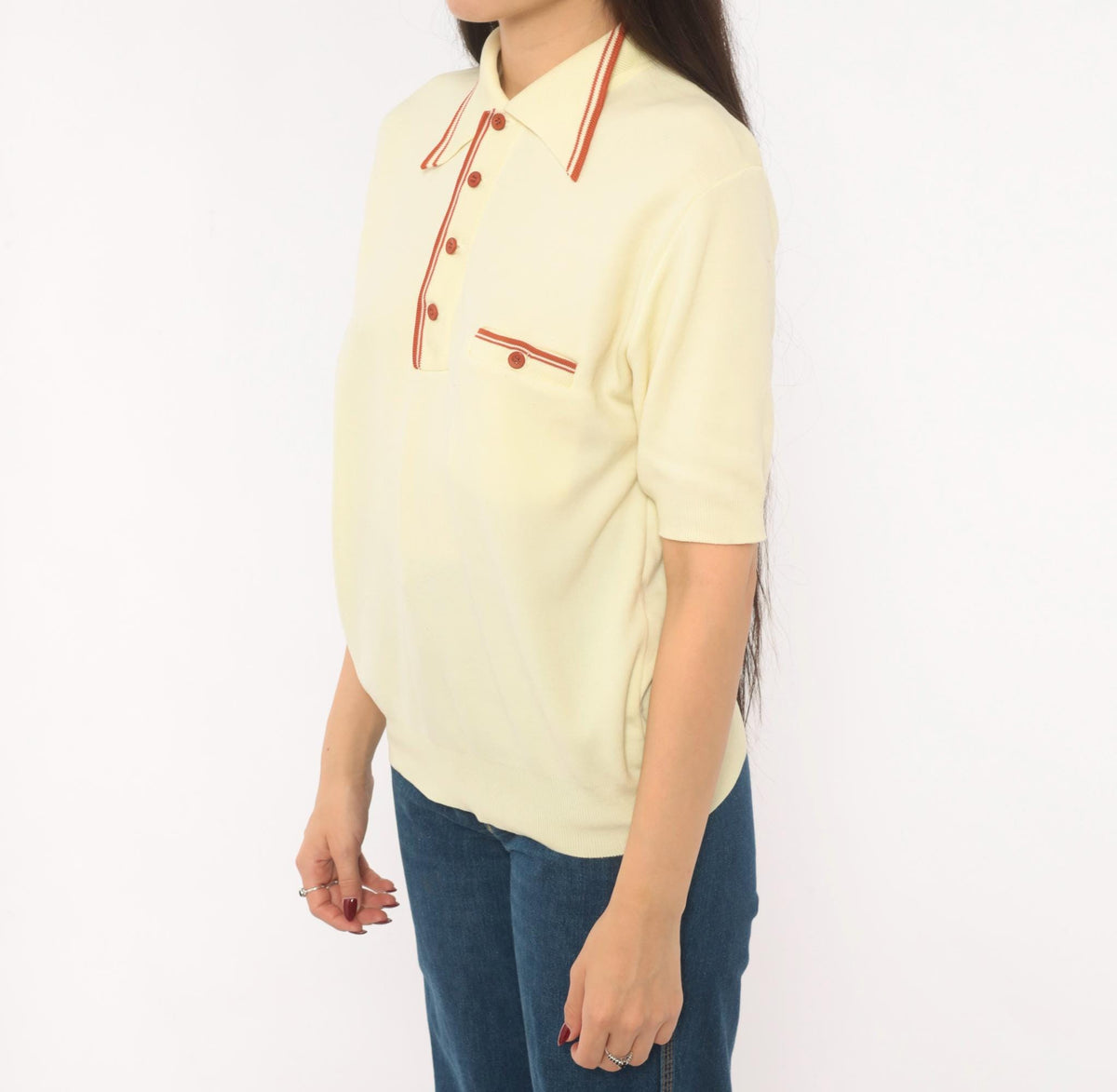 70s Ban Lon Polo Shirt Cream Rust Collar Knit Medium M