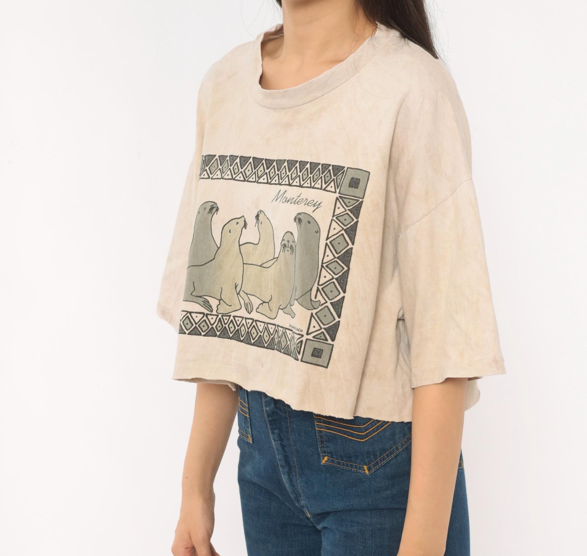 90s Guava Beach Monterey Sea Lion Crop Top Tan Acid Wash Cotton Medium