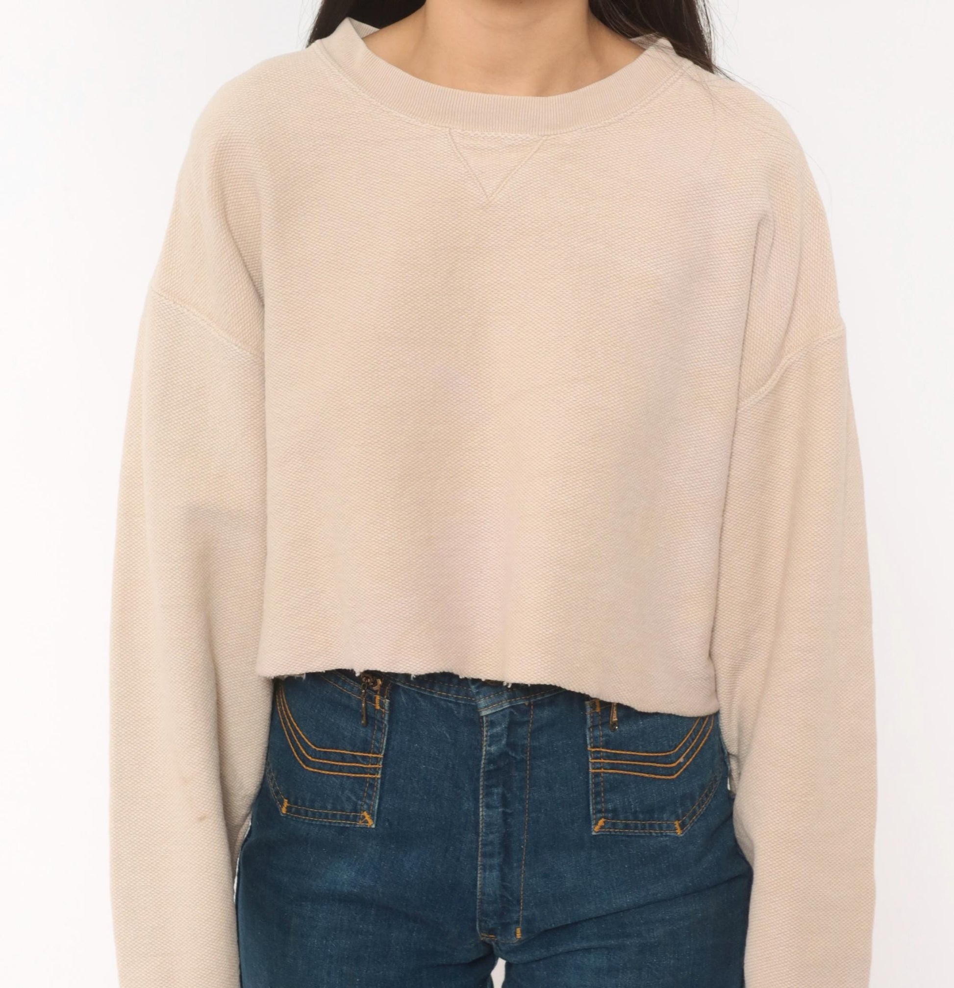 90s Lands' End Cropped Sweatshirt Tan Cotton Raglan Small
